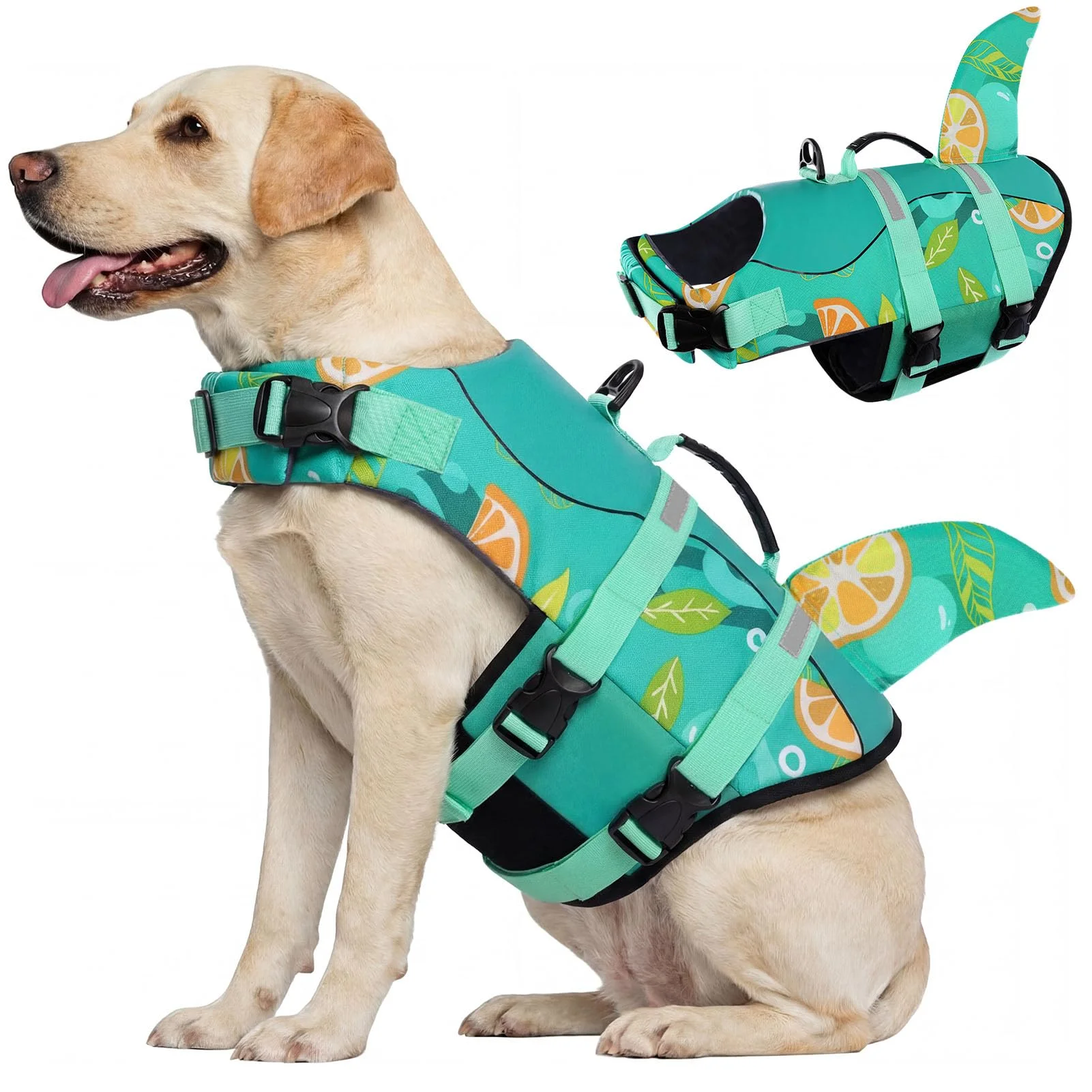 CITÉTOILE Schwimmweste Hunde Hai, Leicht und Sicher für Wassersport, hundeschwimmweste mit Griff und Reflektierend für Kleine Mittlere und Große Hunde, Zitronen Grün, XL