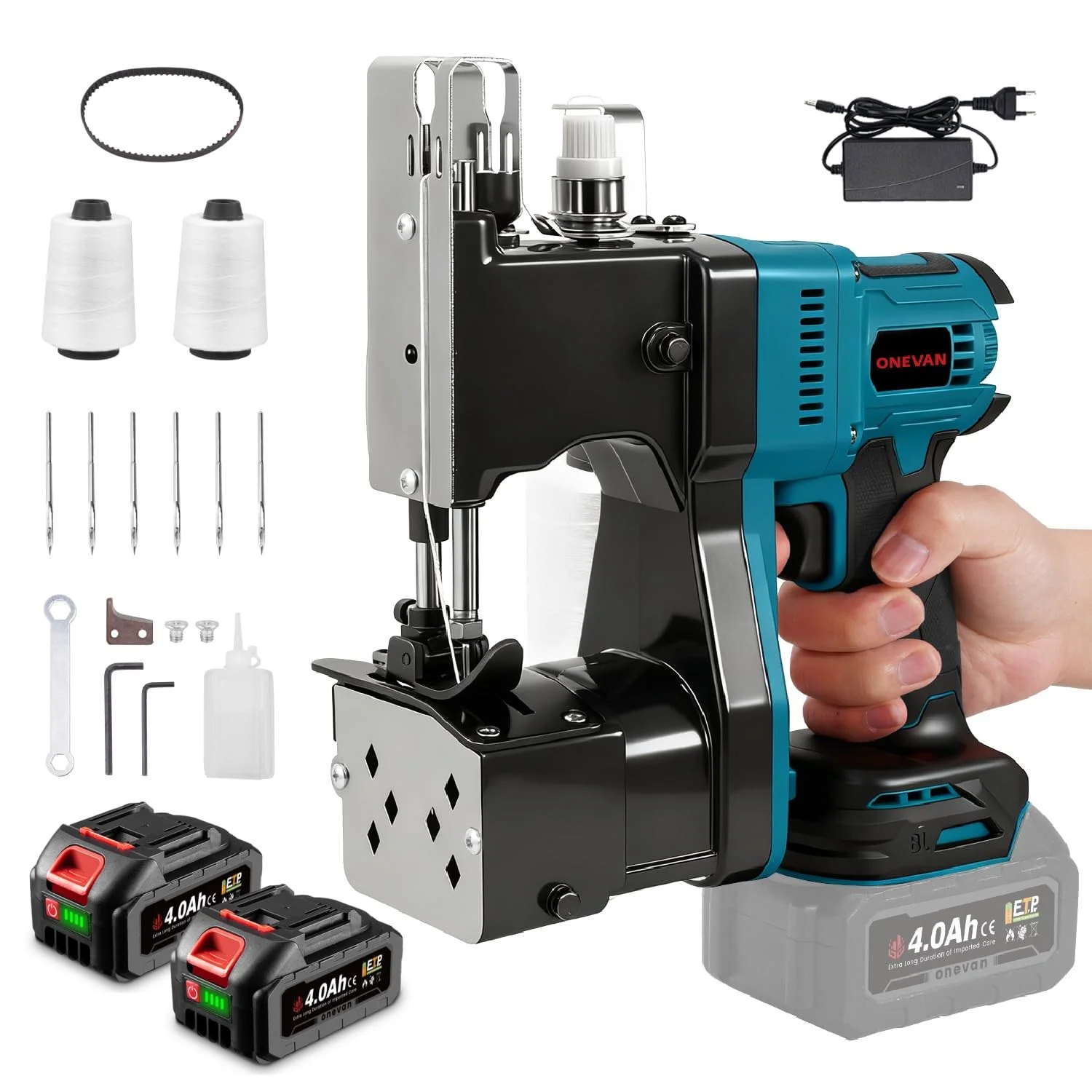 ONEVAN Elektrische Sacknähmaschine, 210W Kupfermotor, 2x4.0Ah Akkus, Nähmaschinen für Gewebesack & Kraftpapierbeutel, Nähdicke 8-15mm mit automatischem Fadenschneider, für Industrielle, Landwirtschaft