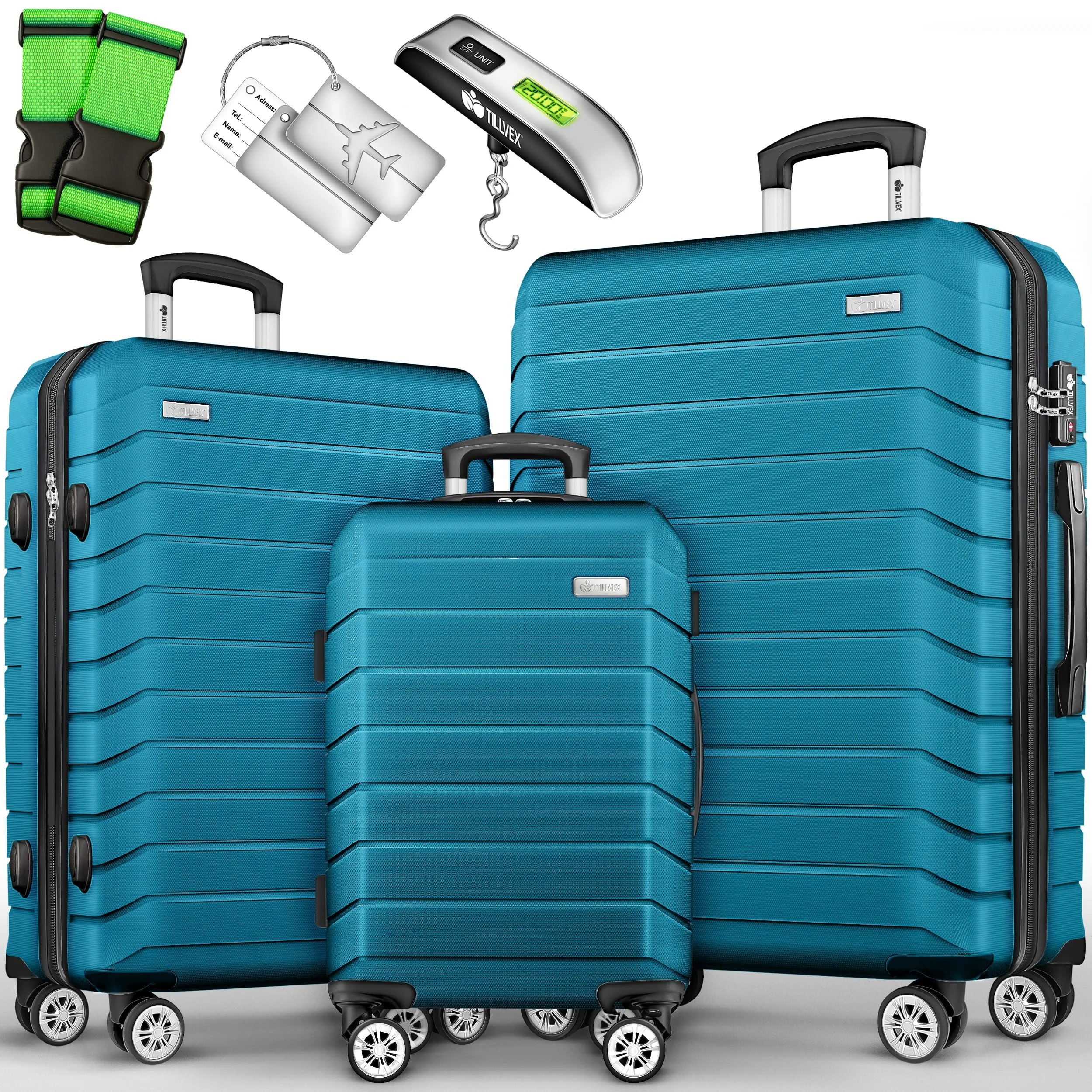 tillvex® Reisekoffer Set 3-TLG. + Gepäckwaage, 6X Koffergurte & 3X Kofferanhänger | Kofferset 4 Rollen | Trolley Gepäck Koffer TSA Schloss | Rollkoffer Hartschalenkofferset S-M-L-XL (Türkis)