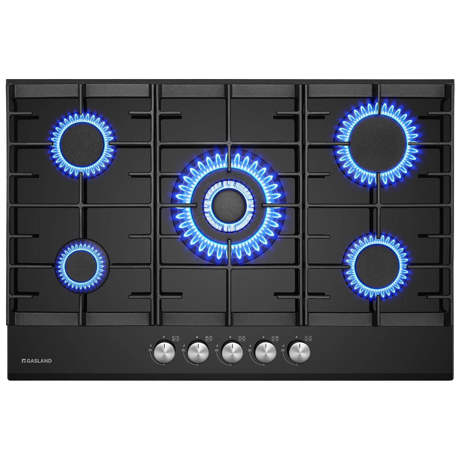 GASLAND GH2805BG1FC Glas Gaskochfeld 5-flammig, Einbaukochfeld mit Wok-Brenner, 76 cm Schwarz Einbau Gaskochfeld, für Butan, LPG/Erdgas, 10400 Watt