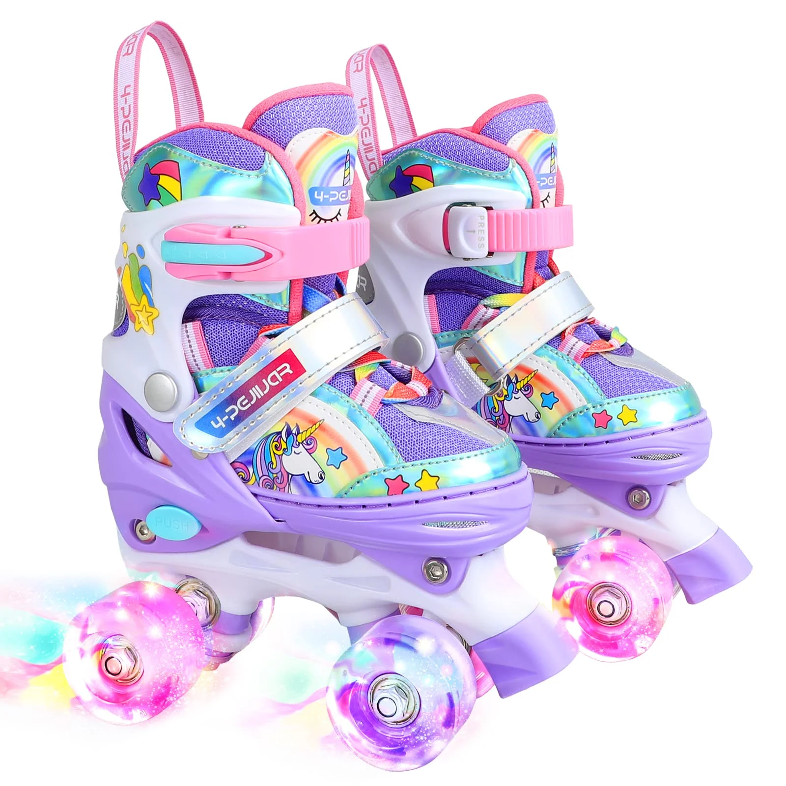 Kinder Einhorn Rollschuhe für Mädchen.Geeignet für 3-6 Jahre alt. Mit Leuchtenden Rädern,4-Pejiijar Verstellbar Anfänger Quad Roller Skates für Weihnachts und Geburtstags Geschenke