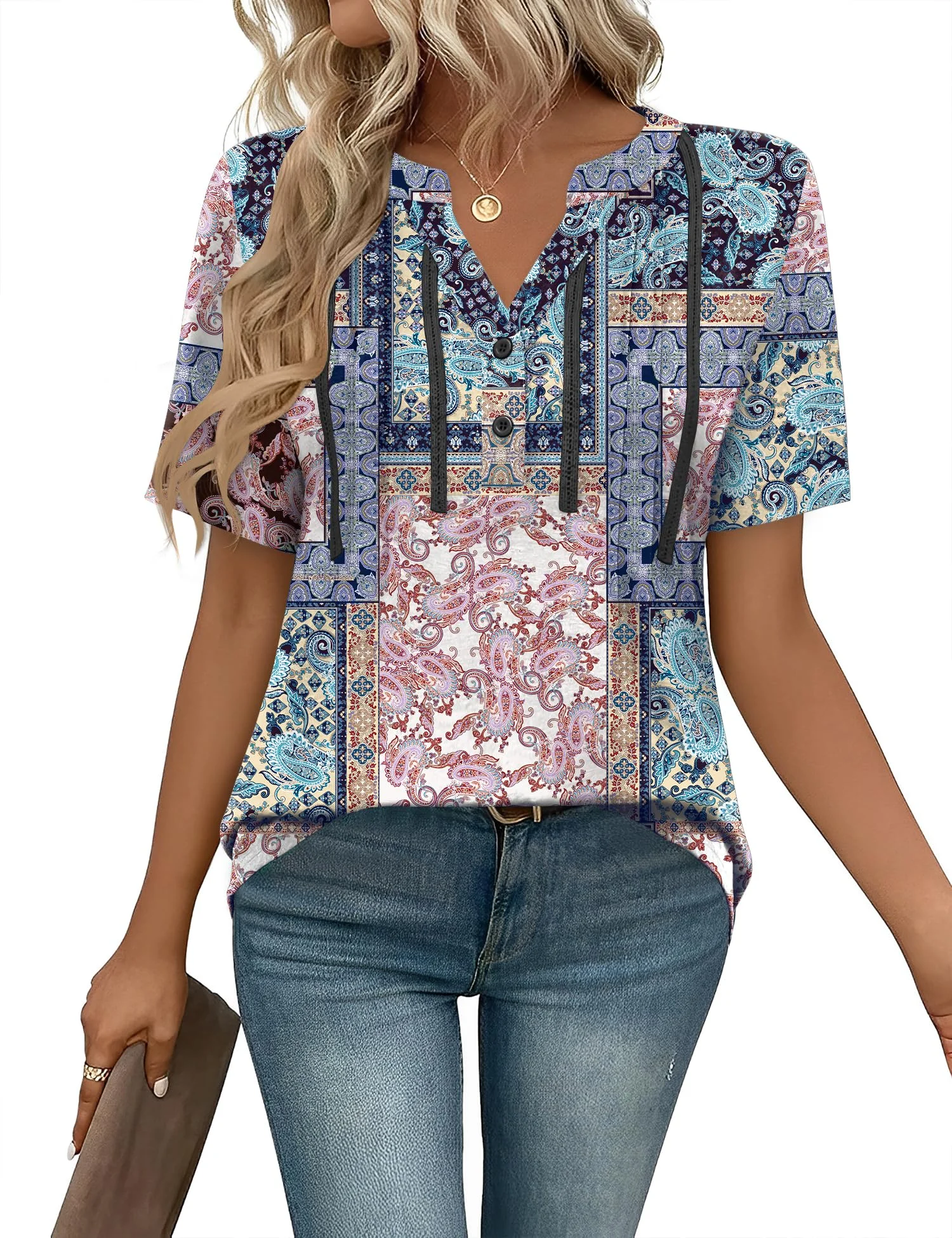 IECCP Bluse Damen Kurzarm Tunika V Ausschnitt Plissiert Oberteile Lässig Blumen T Shirt Sommer Top