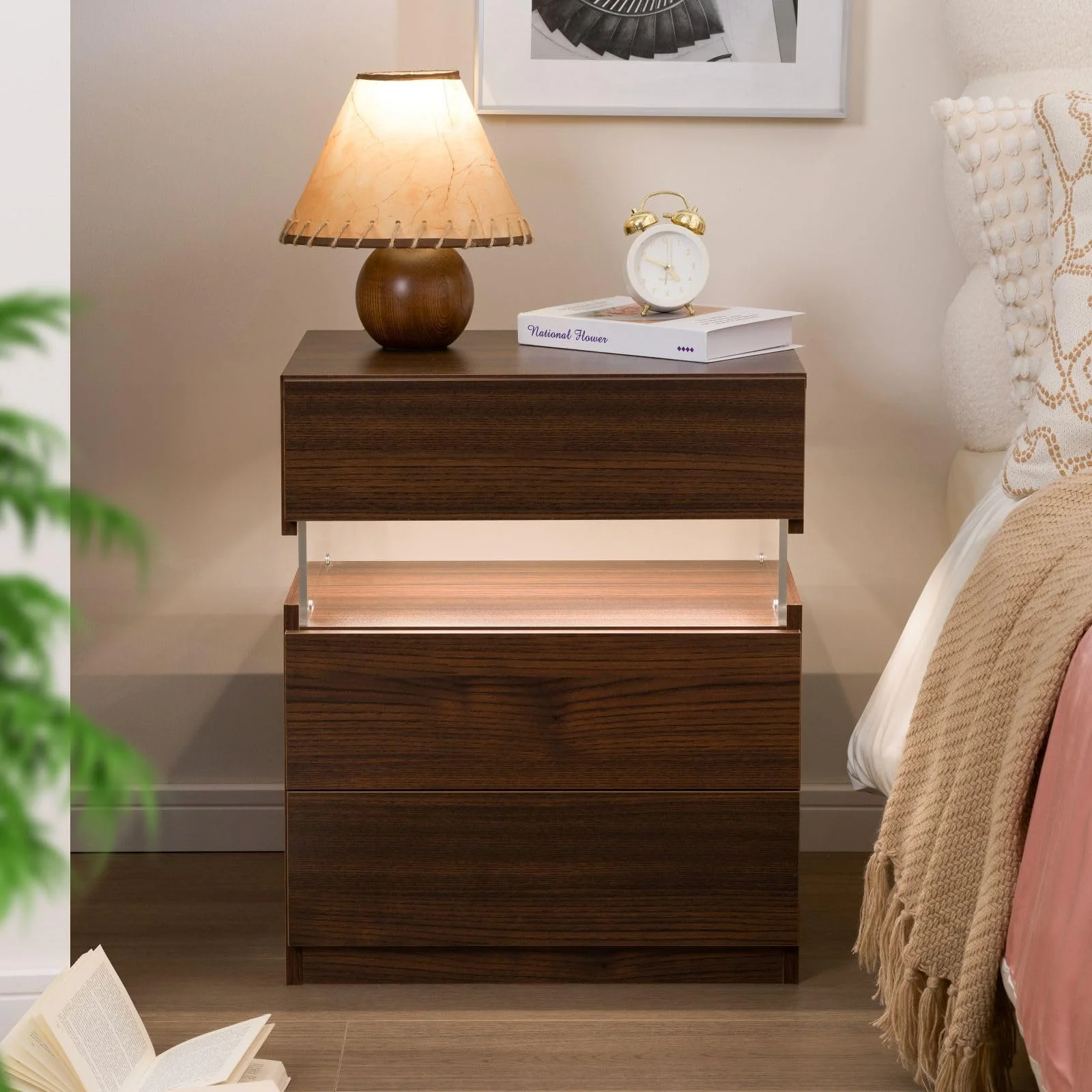 Cubehom Nachttische Nachtkommode mit LED Licht Schlichter Nachtschrank mit 3 Schubladen Sofatisch für Schlafzimmer,Walnuss dunkel