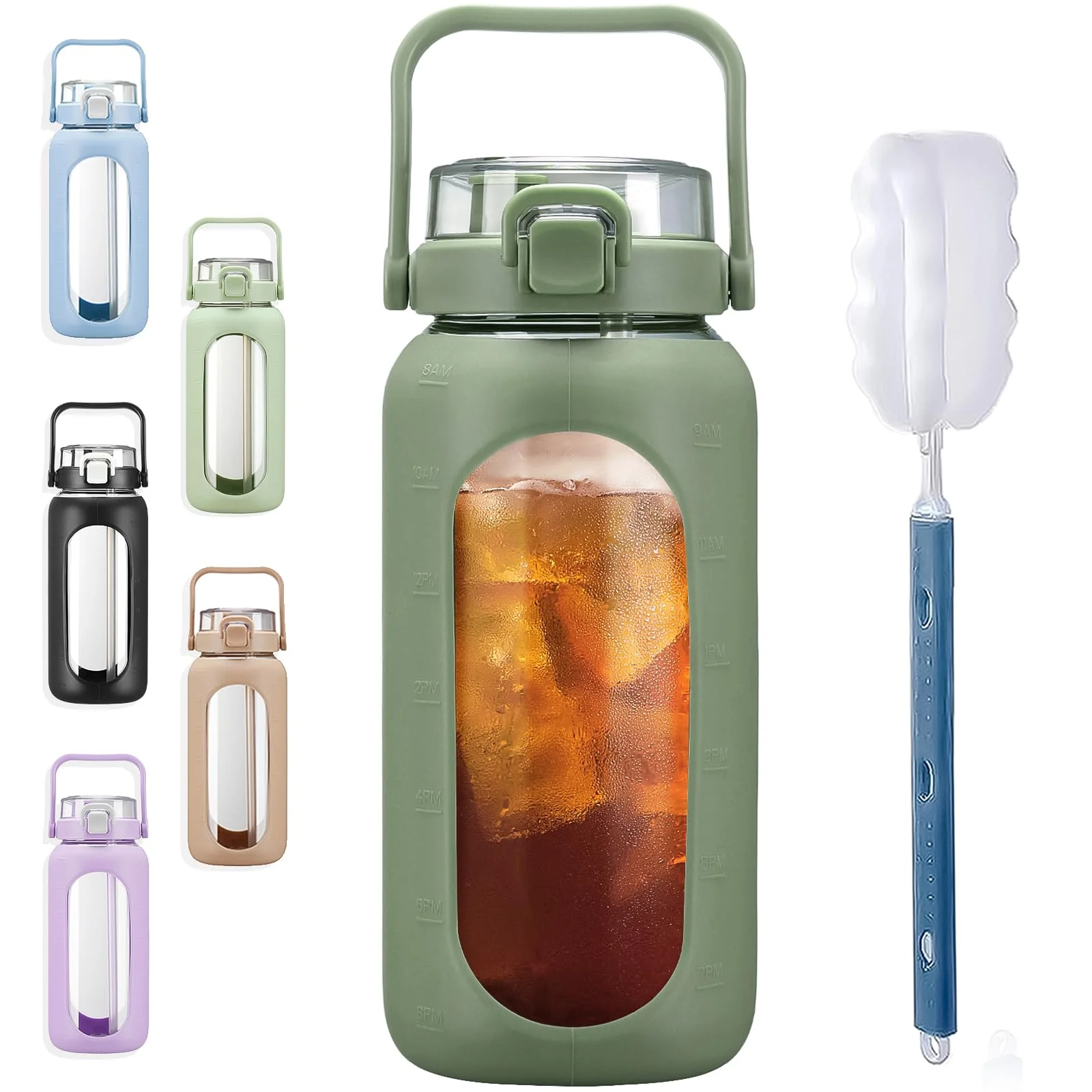 BLUEGO 2000ml Trinkflasche Glas mit Strohhalm und Zeitmarkierung Halbe Gallone Große motivierende Wasserflasche mit Silikonhülle 2 Liter großer Glaswasserkrug für Sport Training, 02 Olive