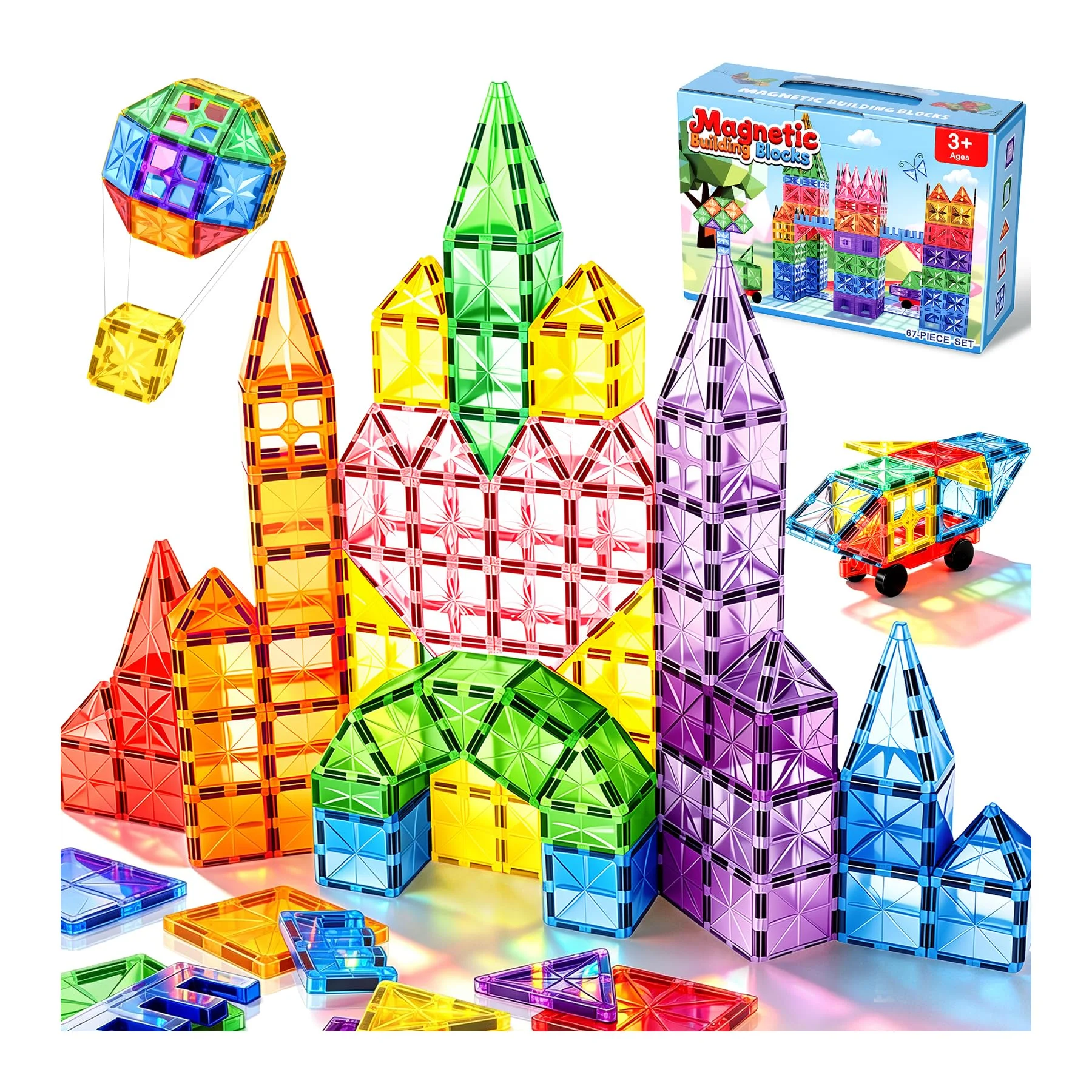 WOOBLO Magnetische Bausteine, 67 Teile Magnetbausteine, Magnetspiel STEM Magnetbausteine, Montessori Spielzeug ab 3 Jahre, Magnete Spielzeug ab 3 4 5 Jahre, Bausatz Geschenk für Kinder Jungen Mädchen