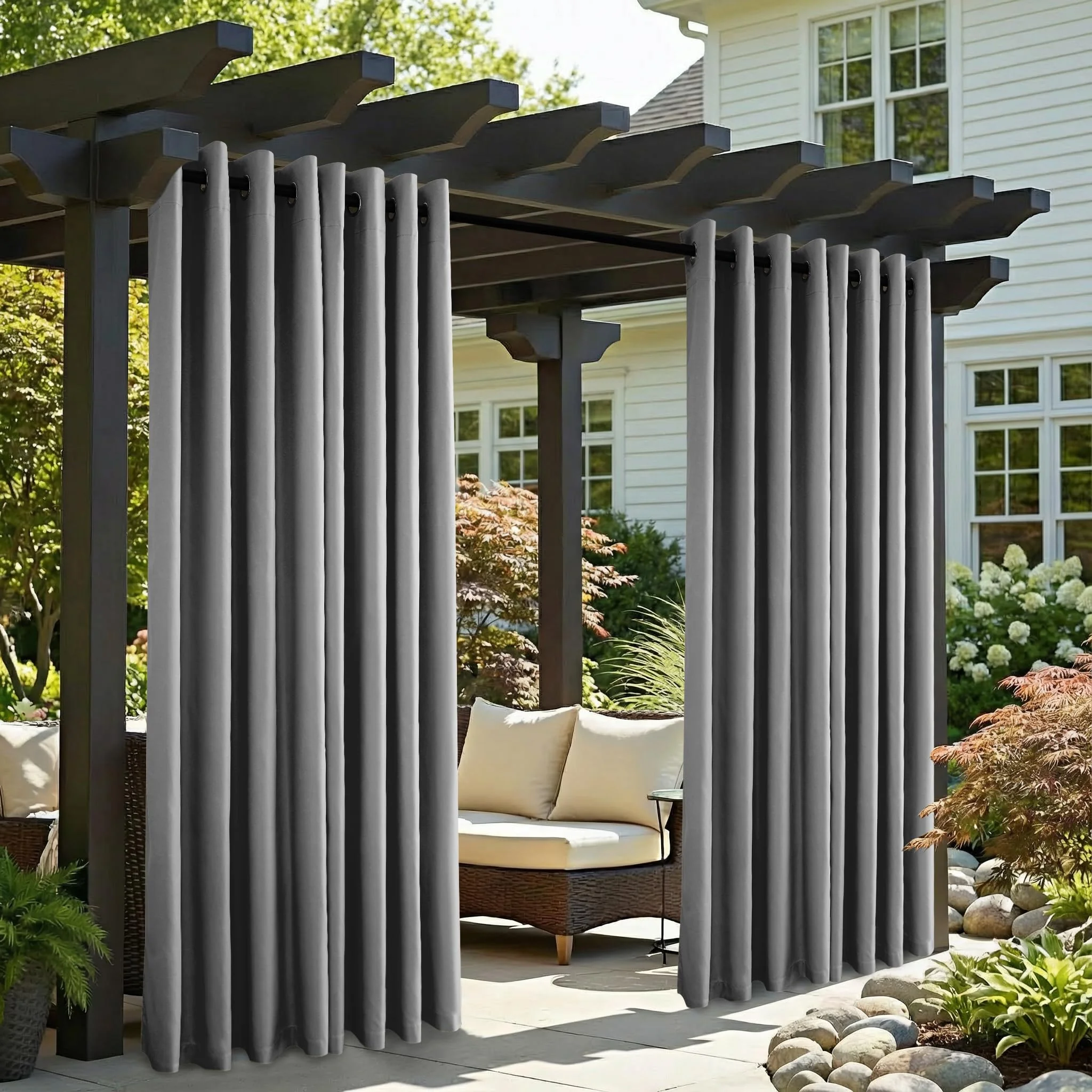 Clothink 2er Set Outdoor Vorhang Wetterfest Mit Ösen, Outdoorvorhänge Wasserdicht Outdoor Gardinen Sonnenschutz Sichtschutz für Balkon Pergola Terrasse Veranda (255x215cm, Grau)