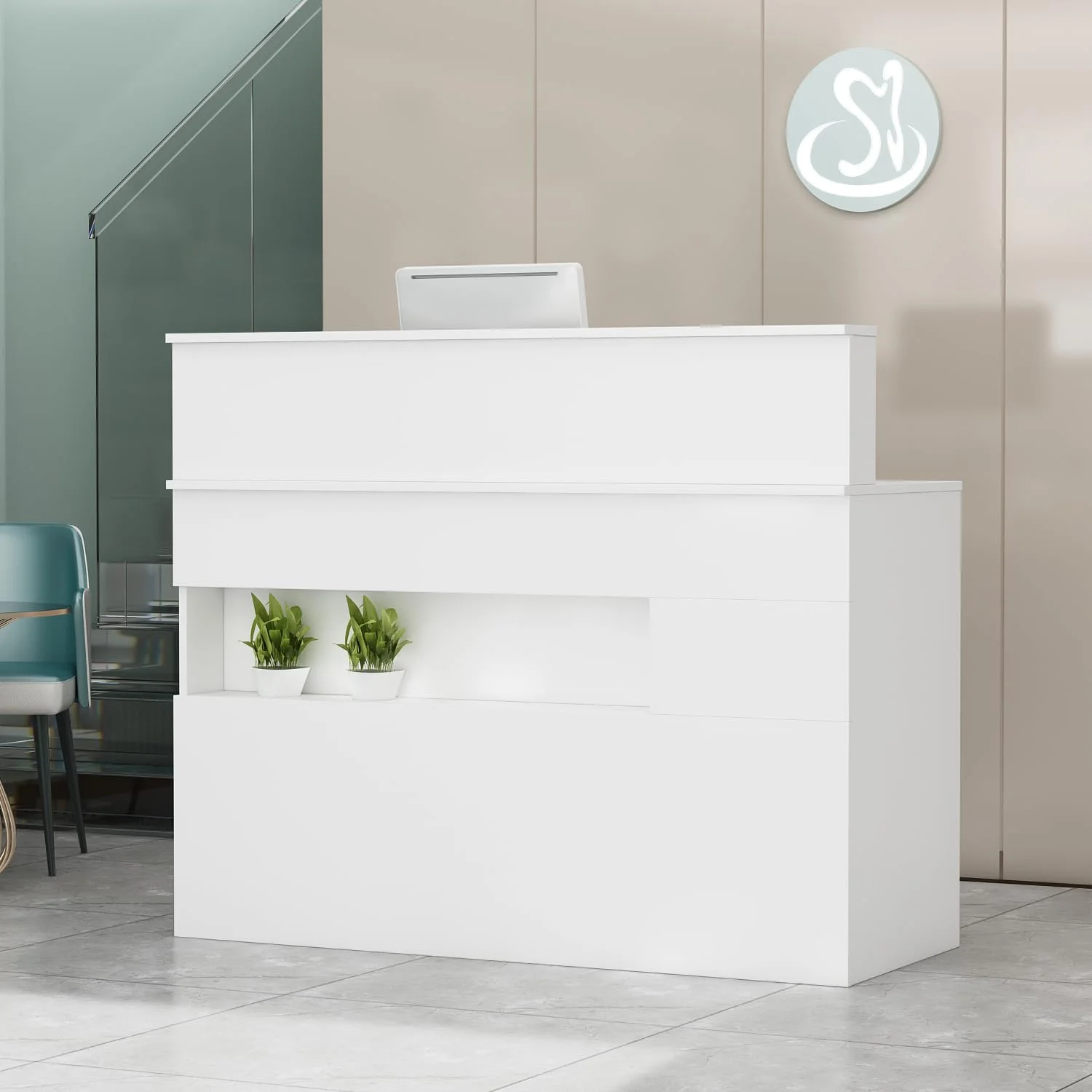PREMTURE Empfangstheke mit Schubladen, Rezeption in weiß, Empfangstresen, Bürotheke, für Firmenhallen, Hotelrezeptionen, Bekleidungsgeschäften, Konditoreien, Obstgeschäften 50 T x 120 B x100 H cm