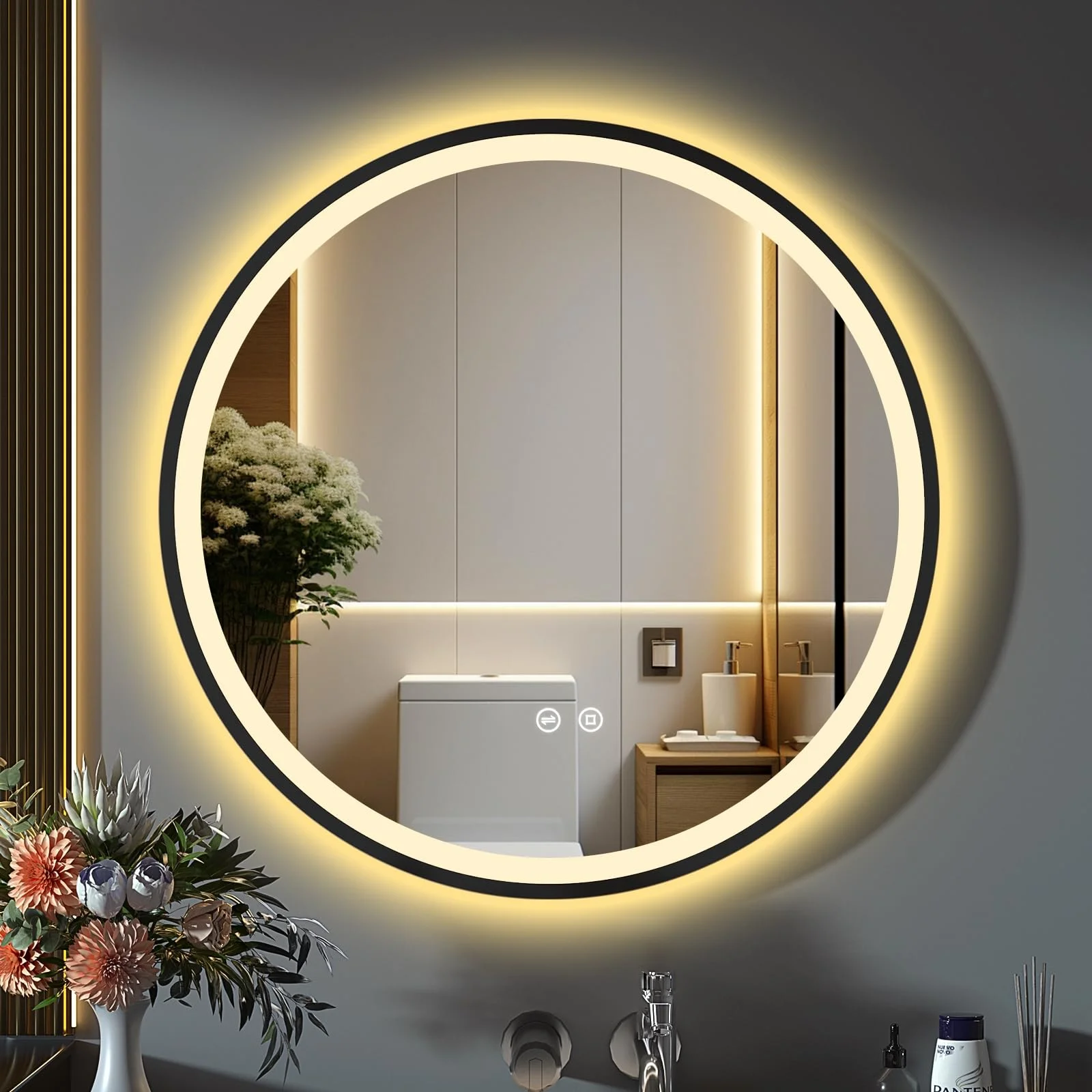 GIMBELEN Runder Badspiegel mit Beleuchtung, Spiegel rund 60cm mit Beleuchtung, Badezimmerspiegel Wandspiegel mit 3 Lichtfarben, Dimmbar, Speicherfunktion, IP44 HD Sicherheitsglas, Schwarz