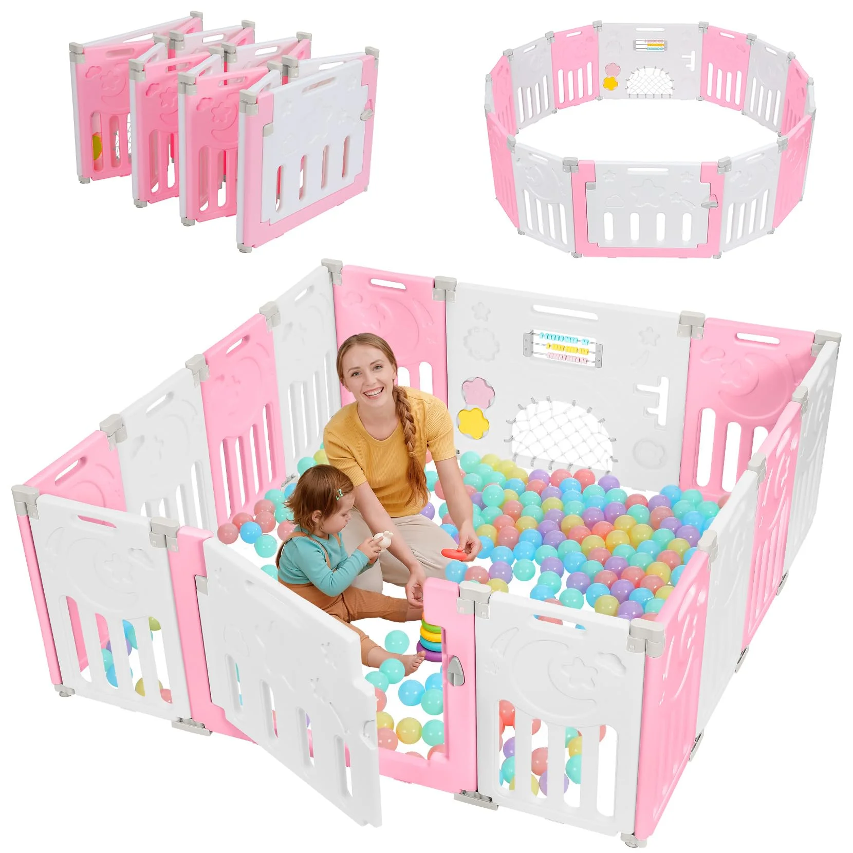 Dripex Laufstall Baby faltbar 150x150x62cm (14 Paneele) mit Spielboard, Laufgitter Baby, Kinderlaufstall & Babyzaun aus strapazierfähigem Plastik, Playpen für Innen & Außen, Rosa