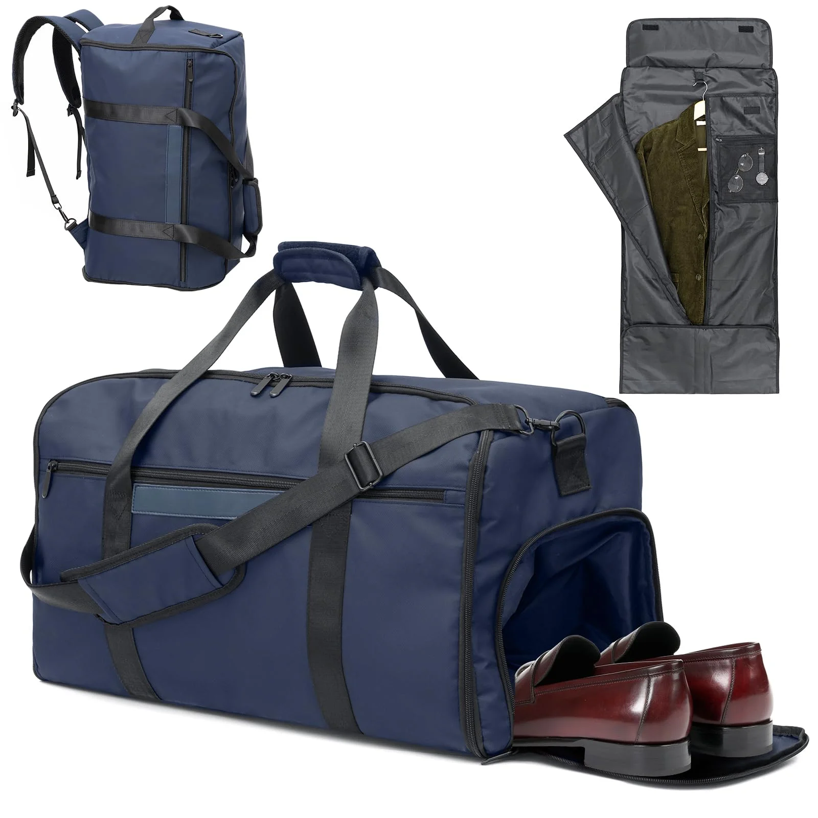 GARPROVM Reisetasche Anzugtasche, 4 in 1 Umwandelbar Kleidertaschen mit Schuhfach Abnehmbar Anzugsack Faltbar Handgepäck Rucksack, Wasserdicht Wochenende Kleidersack Tasche, Marineblau