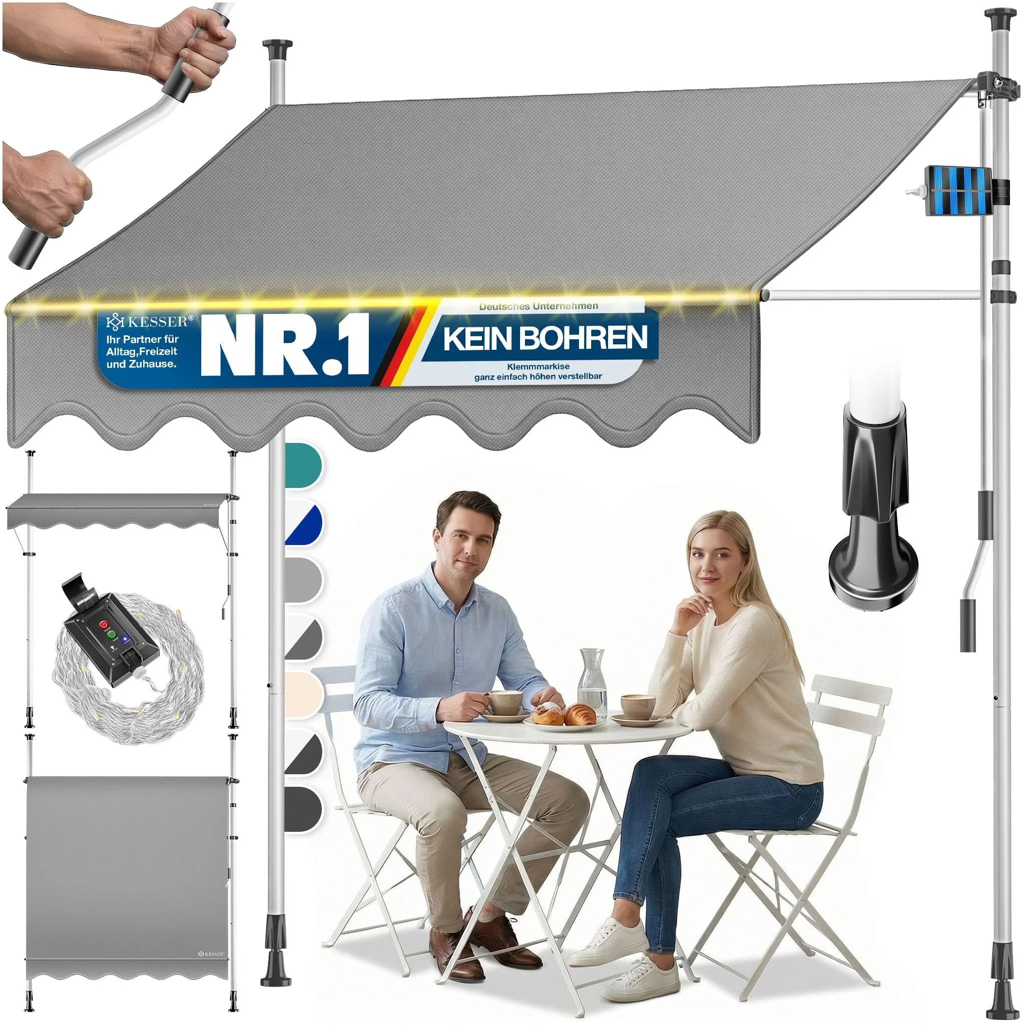 KESSER® Klemmmarkise mit Handkurbel & LED Lichterkette | Balkonmarkise ohne Bohren | Markise UV-beständig höhenverstellbar & wasserabweisend | Sonnenschutz für Balkon Terrasse & Garten 300cm