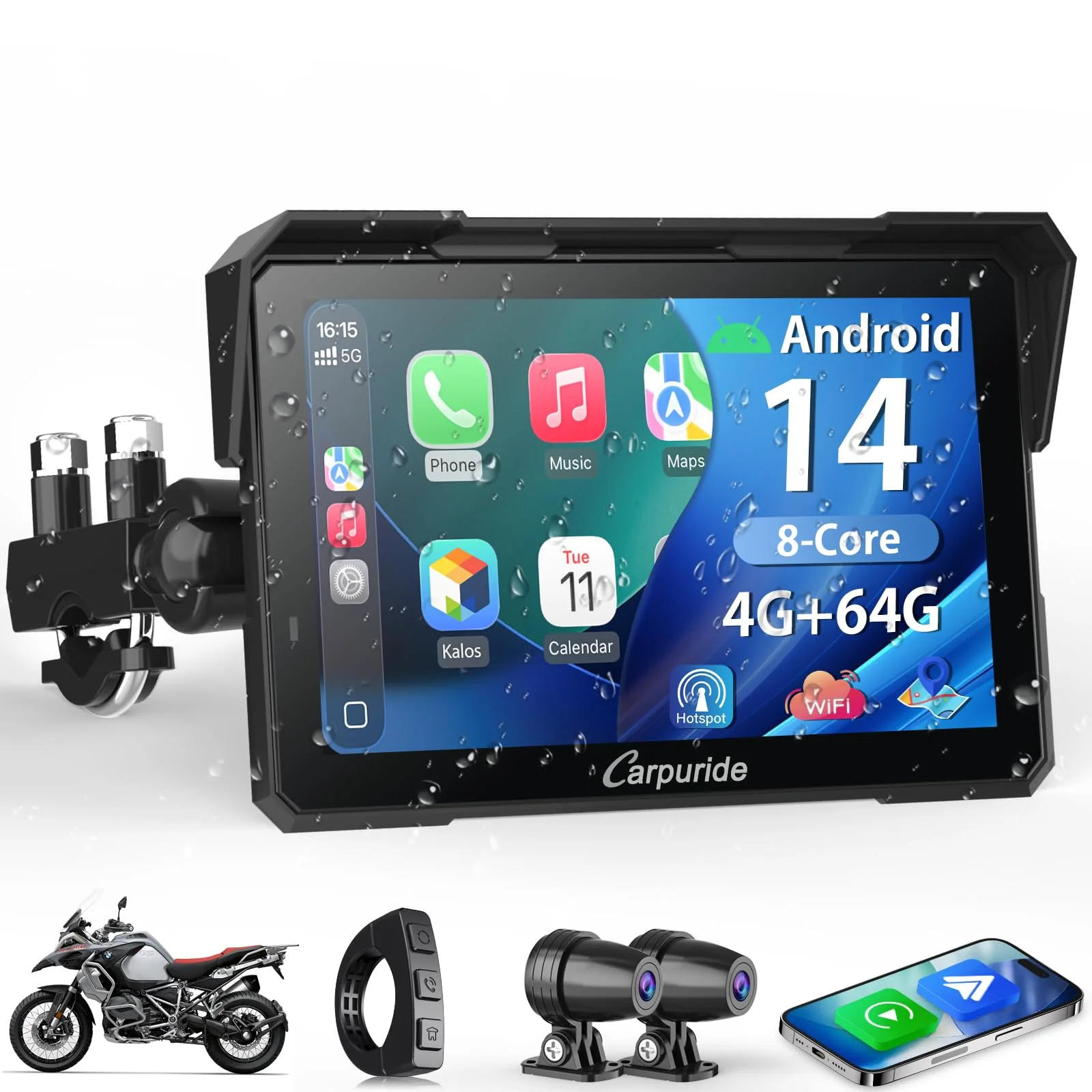 Carpuride W702 Plus 8 Kern Android 14 Motorrad Carplay Bildschirm mit Dual Kameras, Kabellos CarPlay und Android Auto, 7" Wasserdichter Touchscreen, BT Audio, Loop-Aufnahme, Online/Offline Navigation.