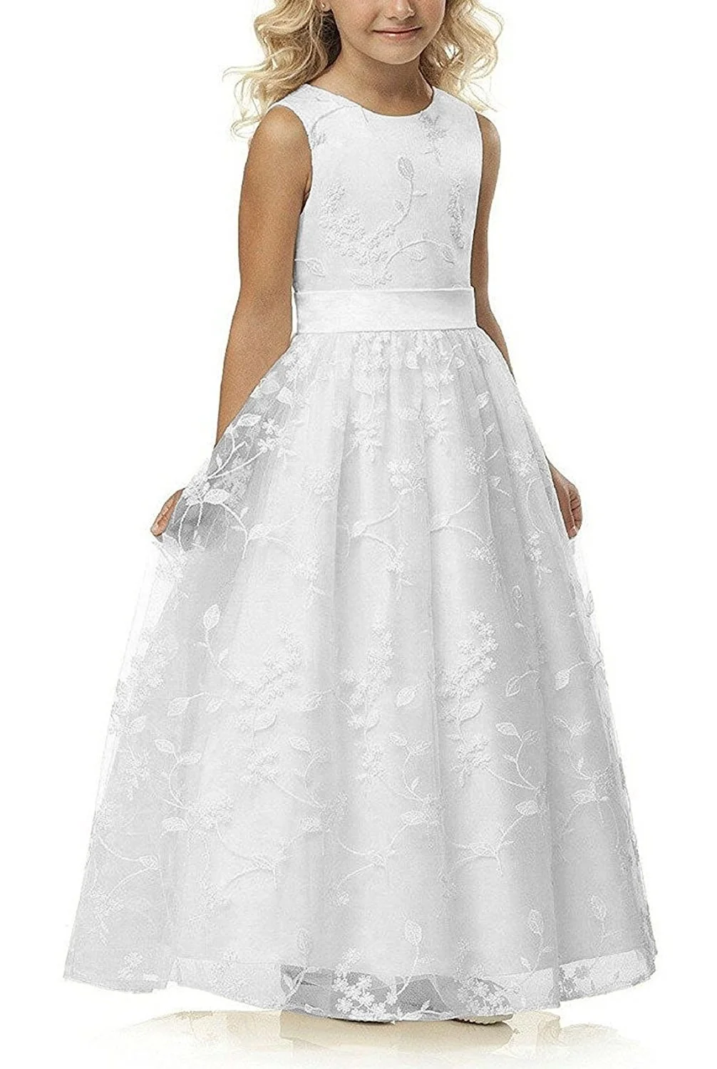 Aibaowedding Chic Lange Kinder Kommunionkleid Sommerkleider aus Besticktem Tüll mit Satin Gürtel/Boho A-Linie Brautjungfern Kleider Blumenmädchenkleider für Mädchen 2-12 Jahr