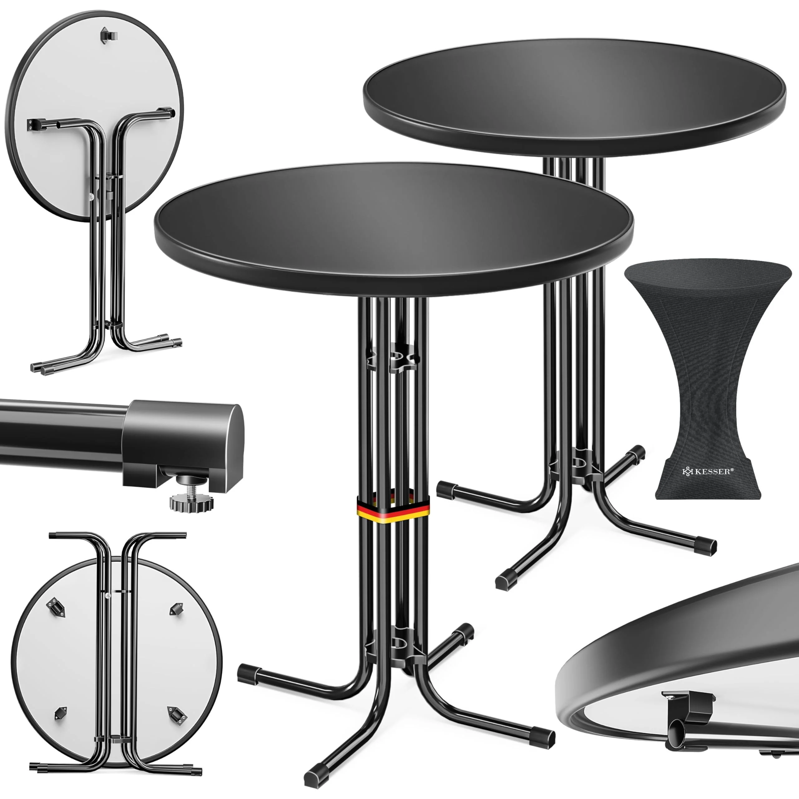 KESSER® Stehtisch klappbar 2er Set Ø70cm rund, Gastro Bistrotisch Hochtisch Cocktail Stehtisch + Husse, Klapptisch Partytisch für Garten/Balkon/Events/Gastronomie, wetterfest, In- & Outdoor, Schwarz