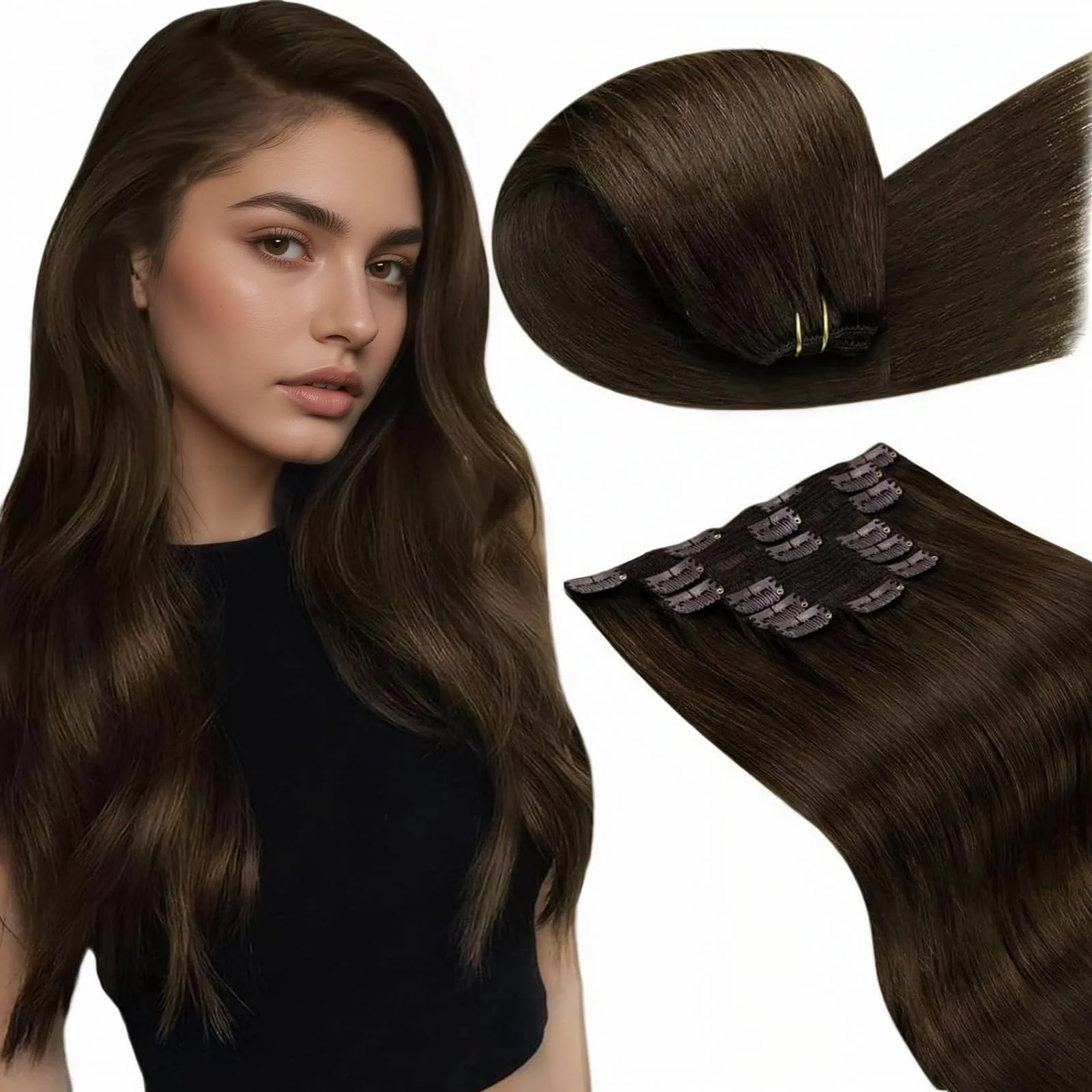 LaaVoo Braun Clip in Extensions Echthaar Remy Haar 135g Echthaar Extensions Clip in Dunkelbraun Haarverlängerung Echthaar Clip in Extensions Voller Kopf #4 55cm 7pcs