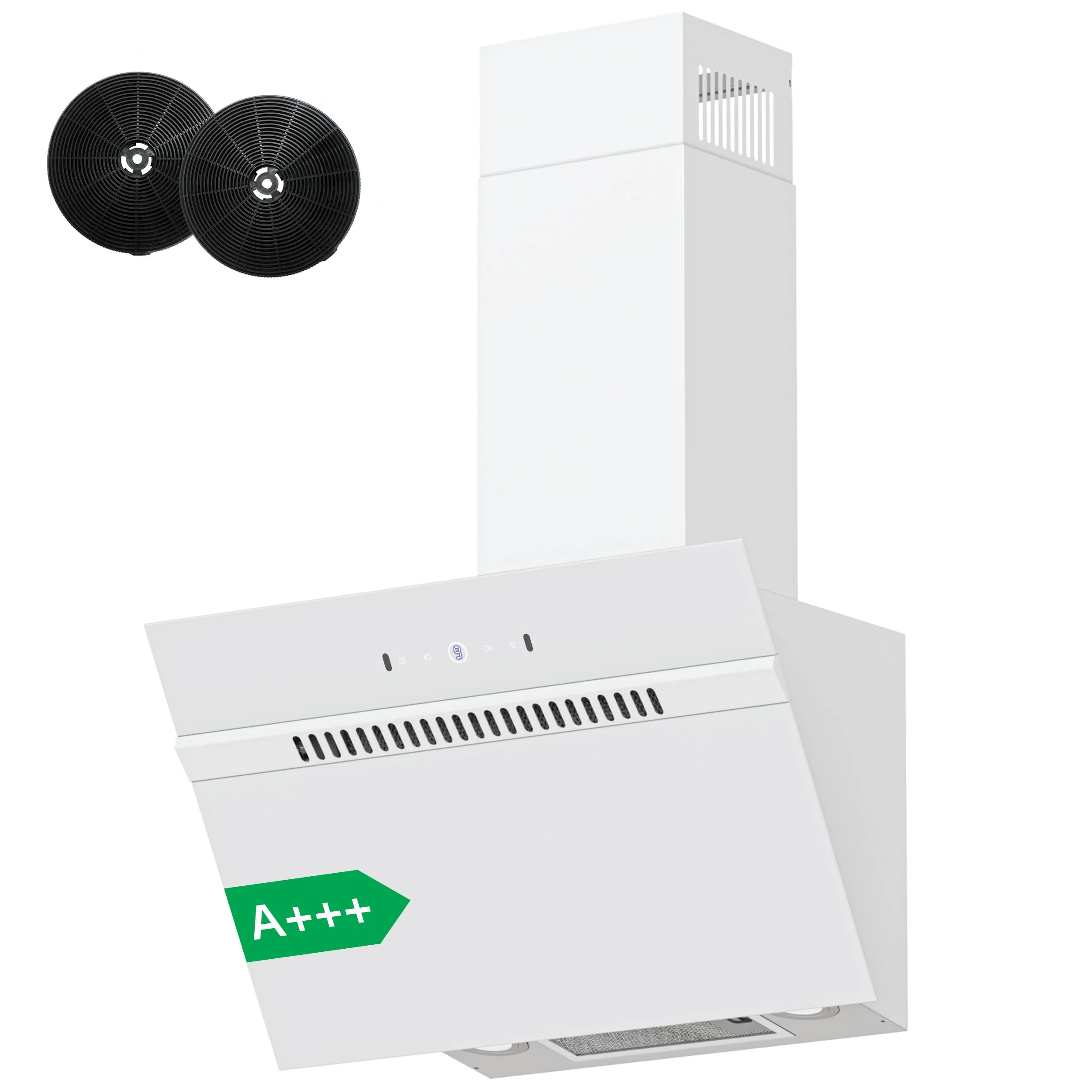 FIREGAS Dunstabzugshaube 60cm, Abluft/Umluft-Dunstabzugshaube mit bürstenlosem Motor, 684 m³/h Luftstrom, 9 Gebläsestufen, Schräghaube mit Energieeffizienzklasse A+++, Touch- und Gestensteuerung, Weiß