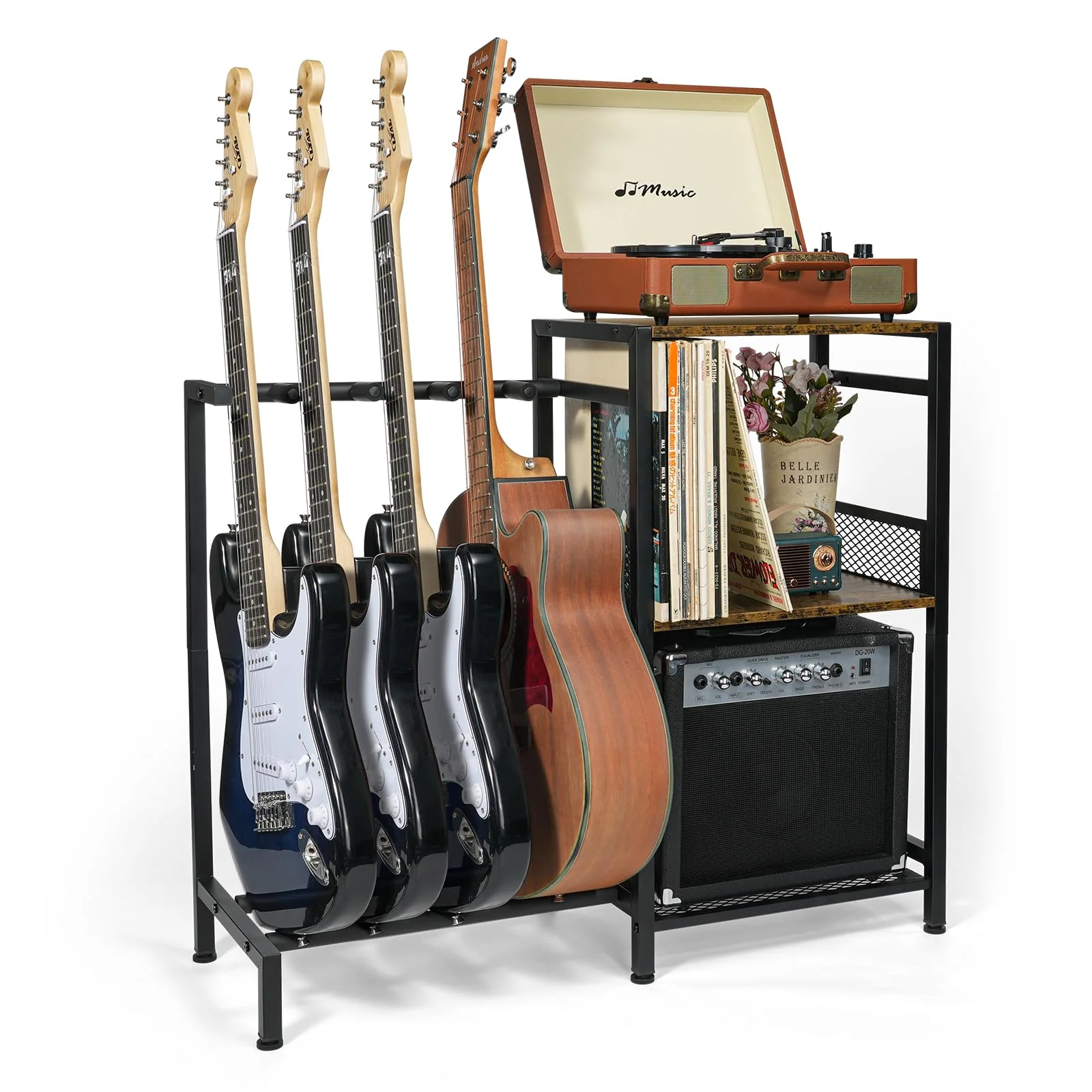 ikkle Gitarrenständer Mehrere Gitarrenständer mit 3 Etagen Plattenspieler-Ständer Gitarren Bodenständer mit Vinyl Schallplatten Schrankhalter für Akustik-, E-Gitarre, Bass, Gitarrenständer-Halterung