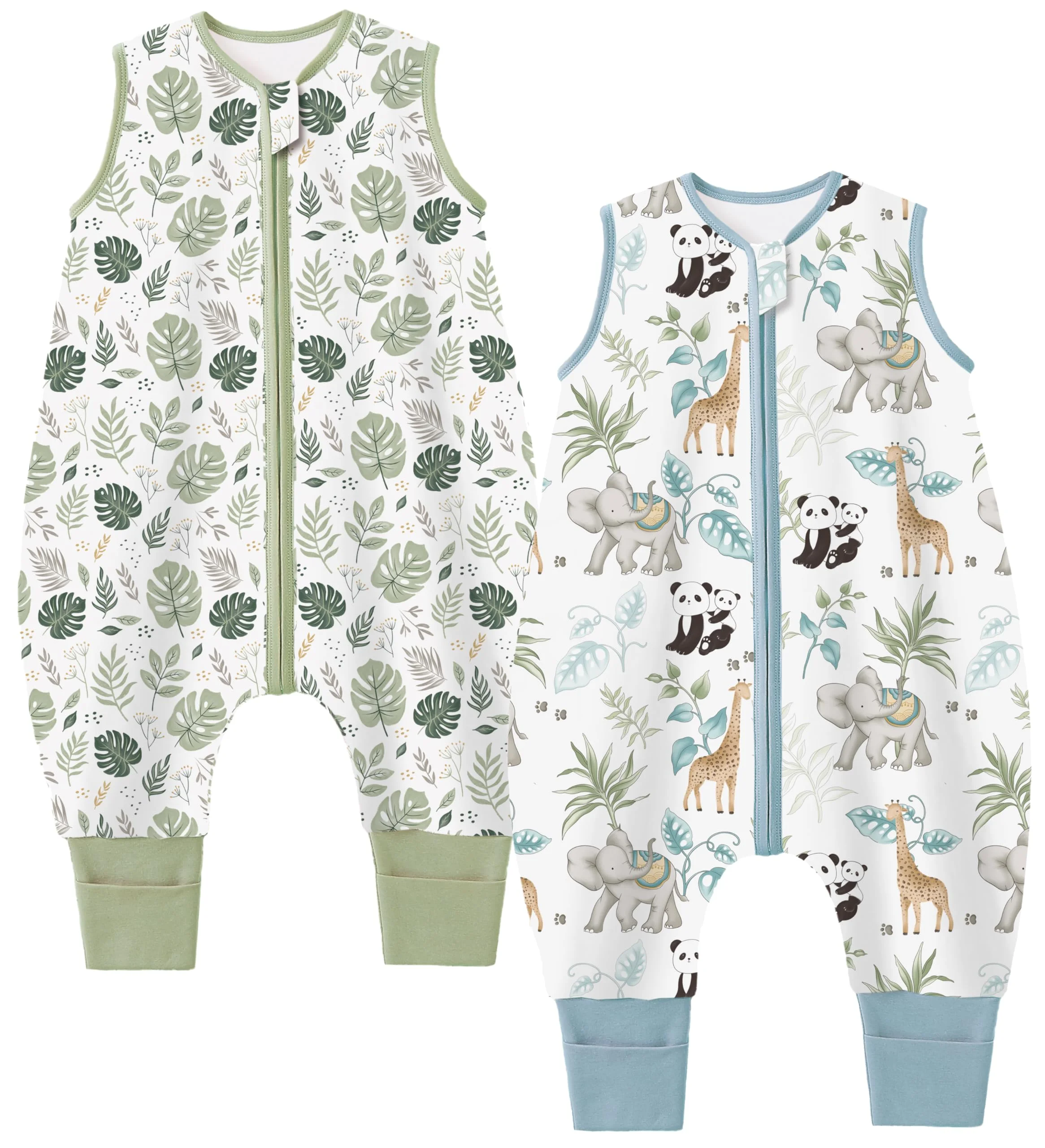 Teechodina Baby Schlafsack mit Füßen 2er Pack 100% Baumwolle 1.5 Tog Baby Schlafsack mit Beinen für kleine Kinder, 1.5 Tog/Zoo + Pflanzen, 100cm/Baby Höhe 110-120cm