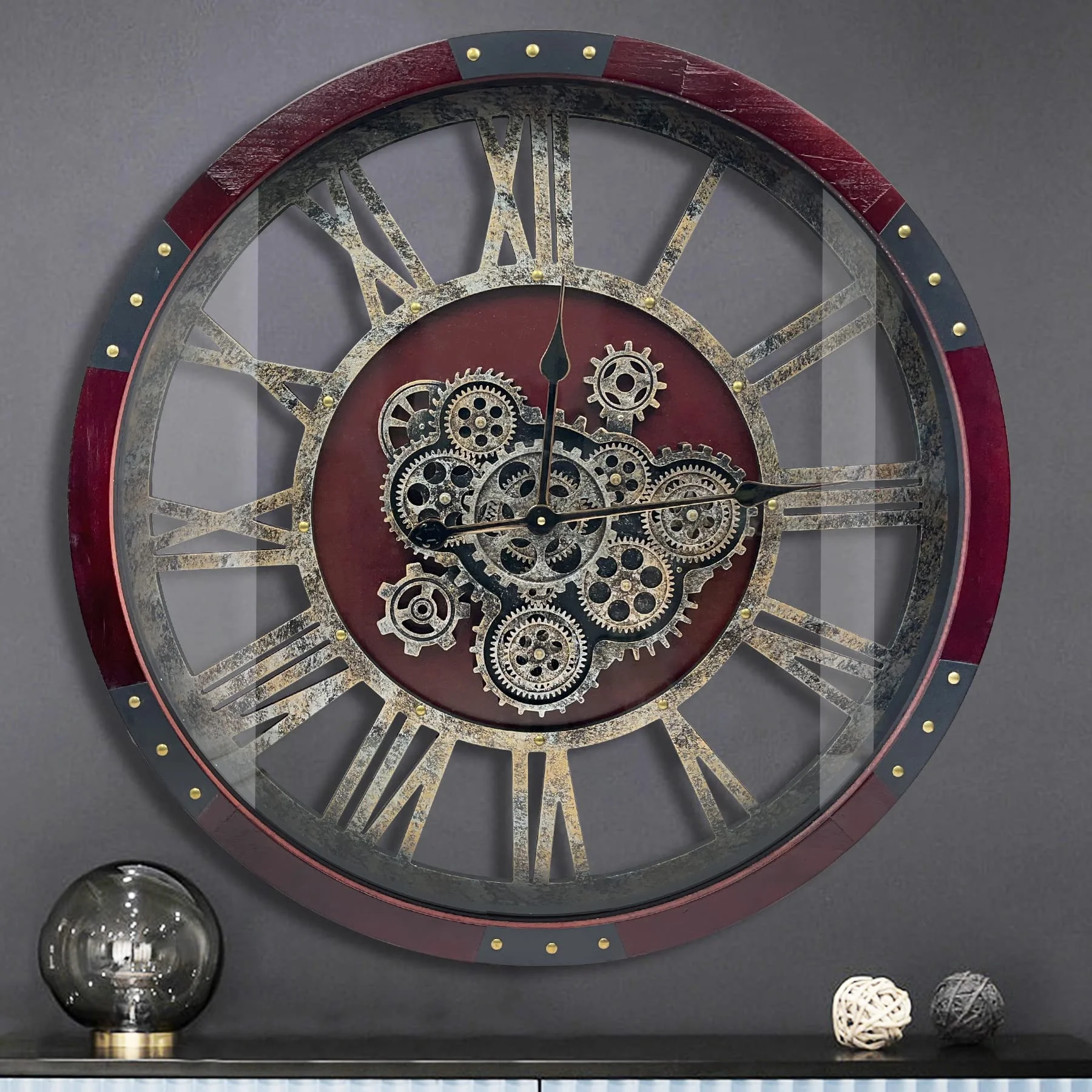 DORBOKER Wanduhr mit original beweglichen Zahnrädern, große industrielle Wanduhr als Wohnzimmerdekoration, Retro-Metall, Massivholz, Vintage, Landhaus, Steampunk, rustikal, Kirschrot, 68 cm