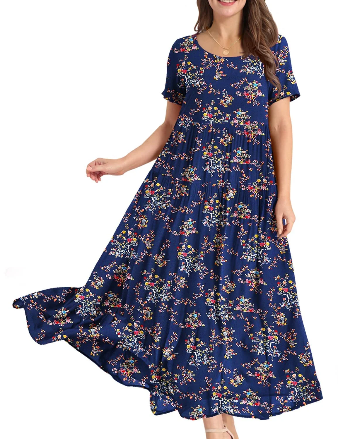 YESNO Damen Kleider Freizeit Lose Sommerkleid Lang Boho Maxikleid für Rundhals Strandkleid Blumenkleid EJFDE