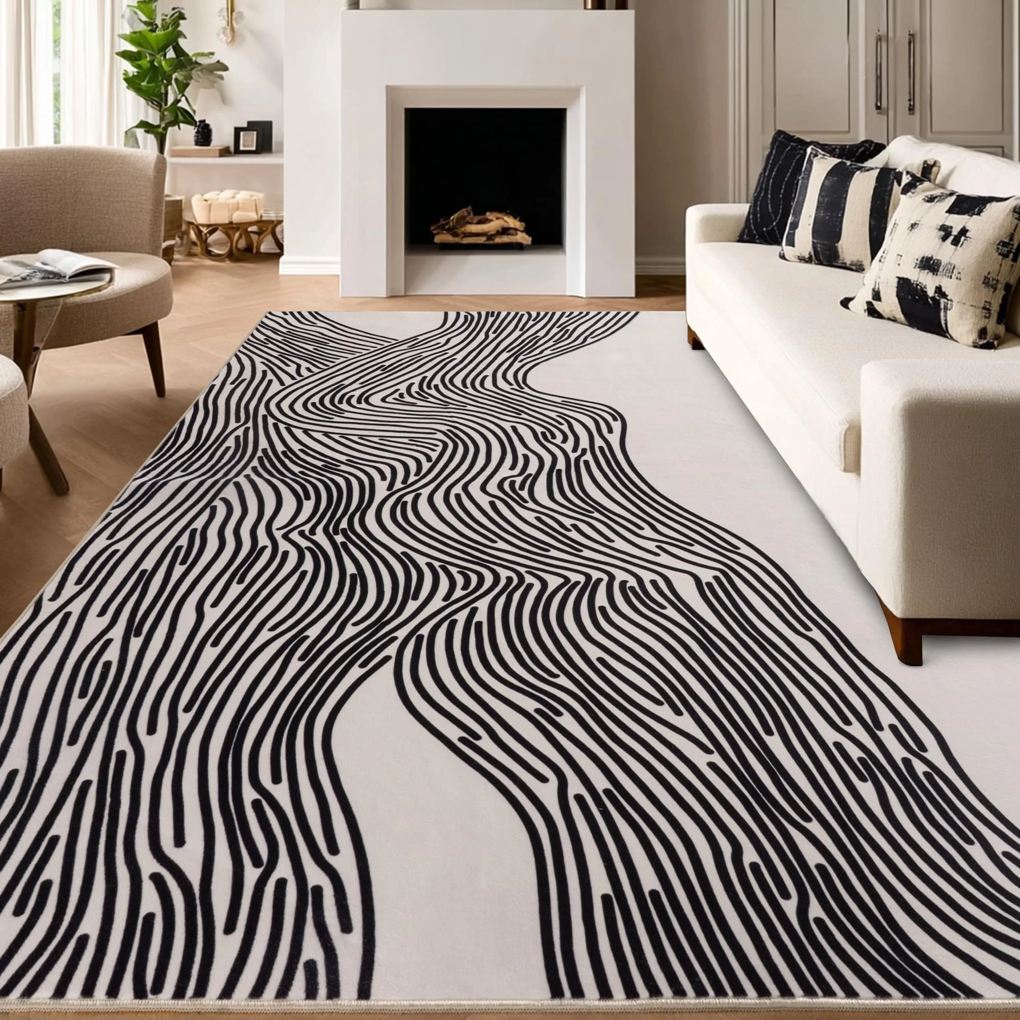 Calinline Teppich Creme Beige, Moderne Abstraktem Linien Muster Wohnzimmerteppich, Kurzflor Schlafzimmer Wohnzimmer, 200x300 cm Waschbare Teppiche, Groß Esszimmer Carpet Wollteppich Weich