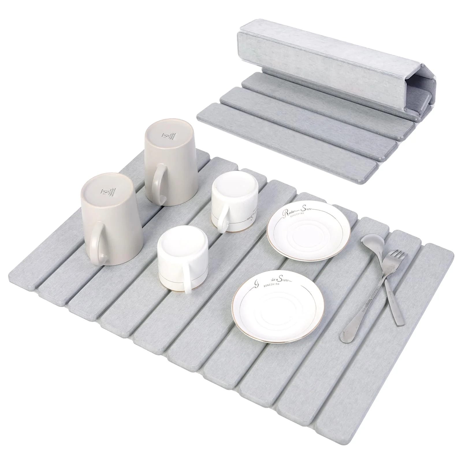 BoxedHome Große Stein-Abtropfmatten für Küchentheke, 60x40cm Wasserabsorbierende Kieselgur Matte Küche, Abtropfmatte Geschirr, Faltbare Spülbeckenmatte Abtropfmatte (Hellgrau)