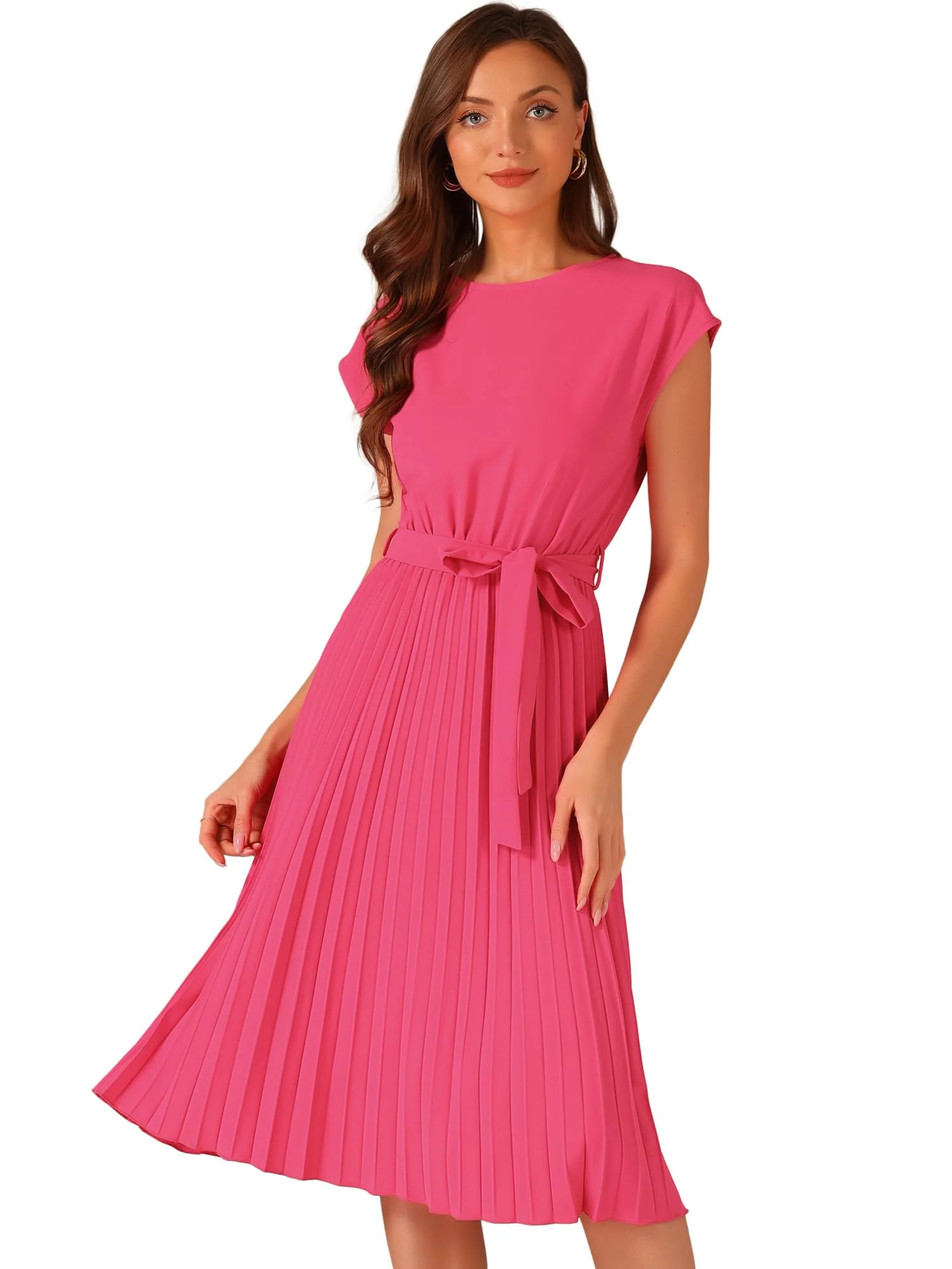 Allegra K Damen-Plisseekleid Mit Rundhalsausschnitt, Ärmellos, A-Linien-Kleid Mit Bindegürtel