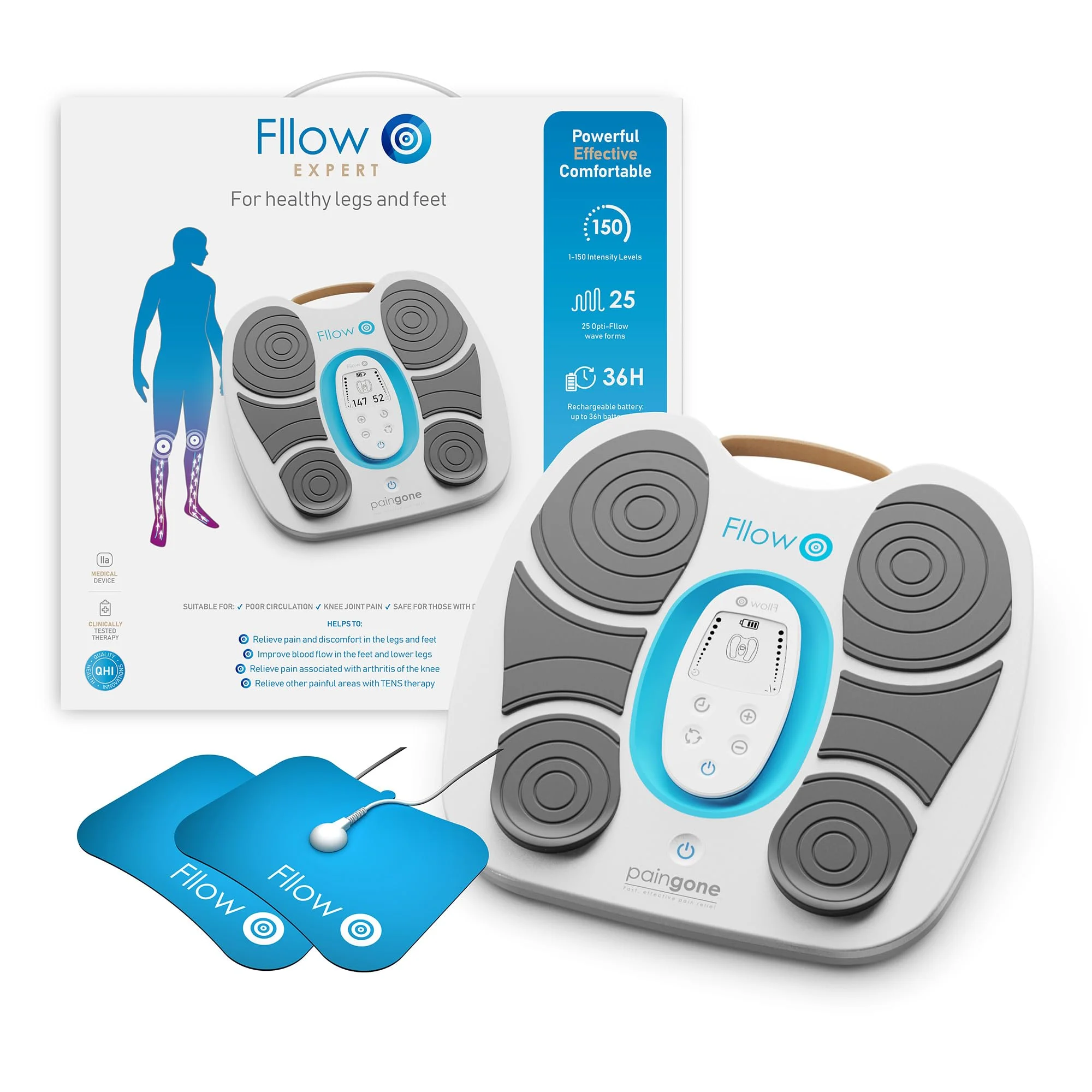 Fllow EMS-Tens Fußmassagegerät - Smarte Impulstherapie mit Elektrostimulation zur Durchblutungsförderung - 150 Stufen - kabellos - mit Arthro-Pads