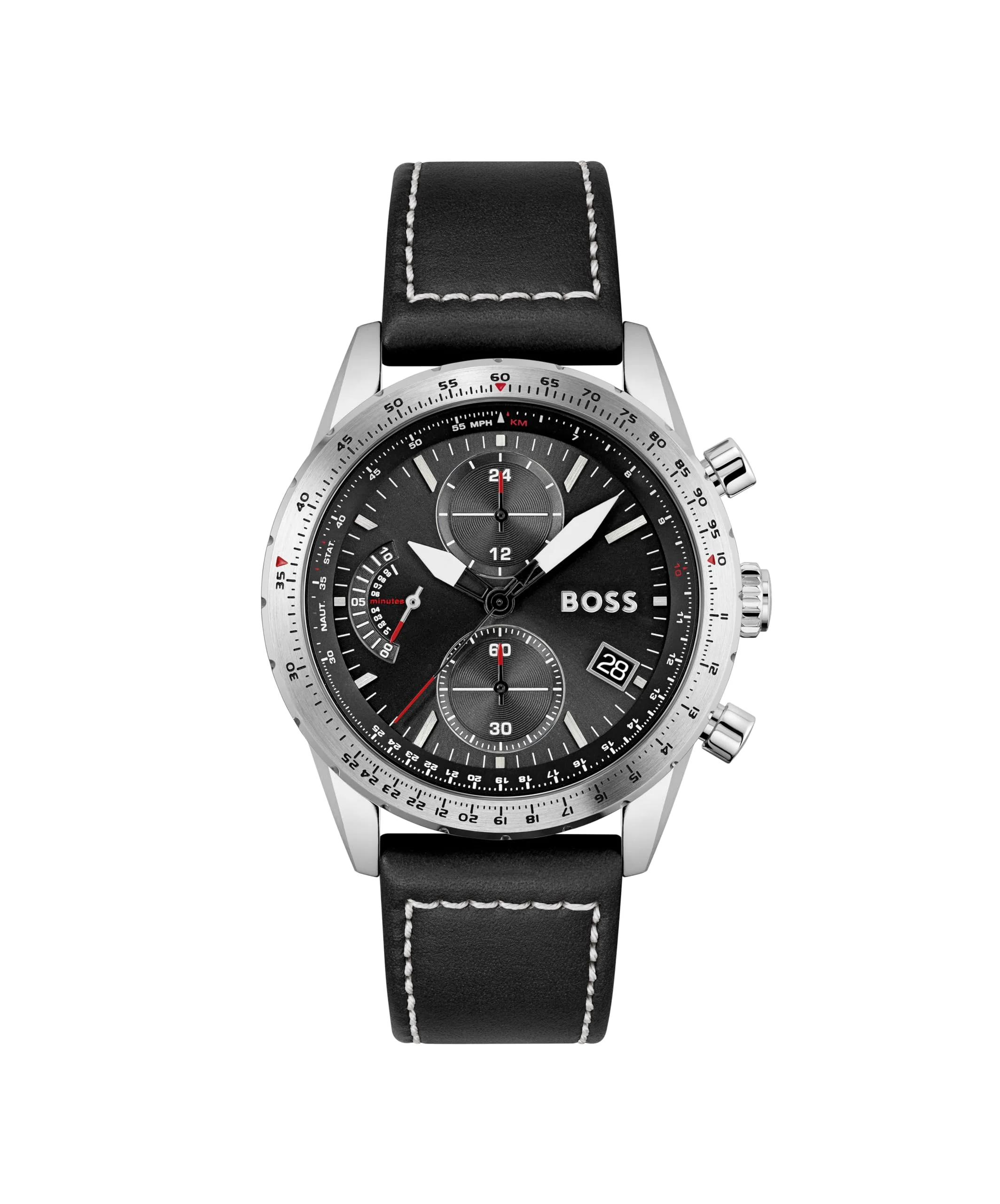 BOSS Herren Chronograph Quarz Uhr 44mm Pilot Edition Chrono mit Schwarzem Zifferblatt, Schwarzem Lederarmband, Datumsfunktion, 3 Totalisatoren, 5ATM Wasserdichtigkeit - 1513853