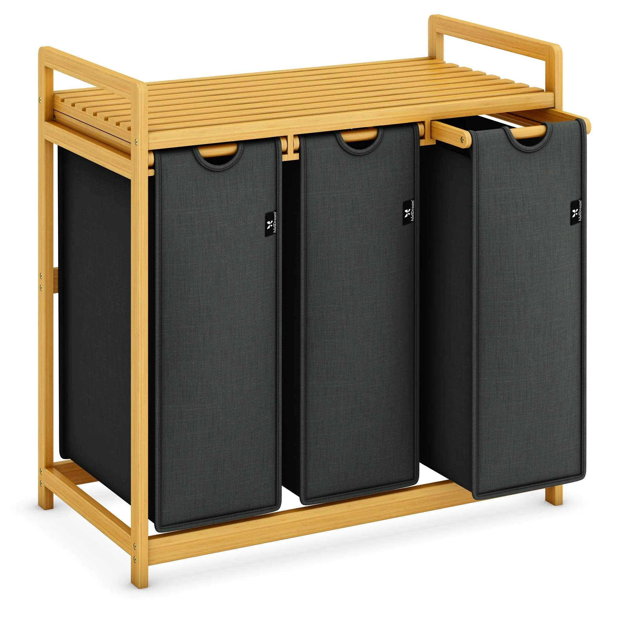 AdelDream Wäschekorb mit Bambusrahmen 150L 3 Fächer Bambus Wäschesammler Wäschebox laundry baskets Bogendesign Wäschesortierer Grau-06-17