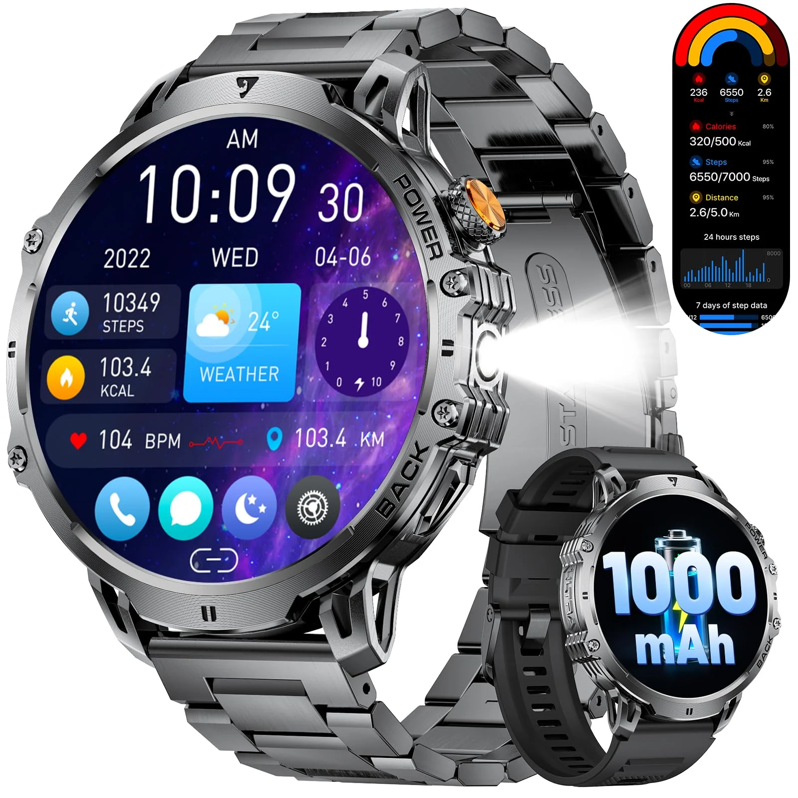 LIGE Militär Smartwatch Herren - 1000 mAh/1,85" HD Großes Touchscreen/LED-Licht, Fitnessuhr mit 110+ Sportmodi, Herz-/Schlaftracking,2 Armbändern,IP68 wasserdicht, Sportuhr für iOS/Android, Schwarz