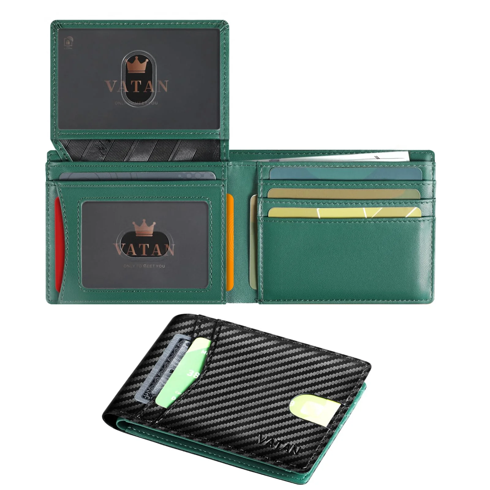 VATAN Herren Geldbörse Slim RFID Blocking Leder Portemonnaie Dünne Brieftasche mit ID Fenster und Münzfach inklusive Geschenkbox (Carbon - Grün)