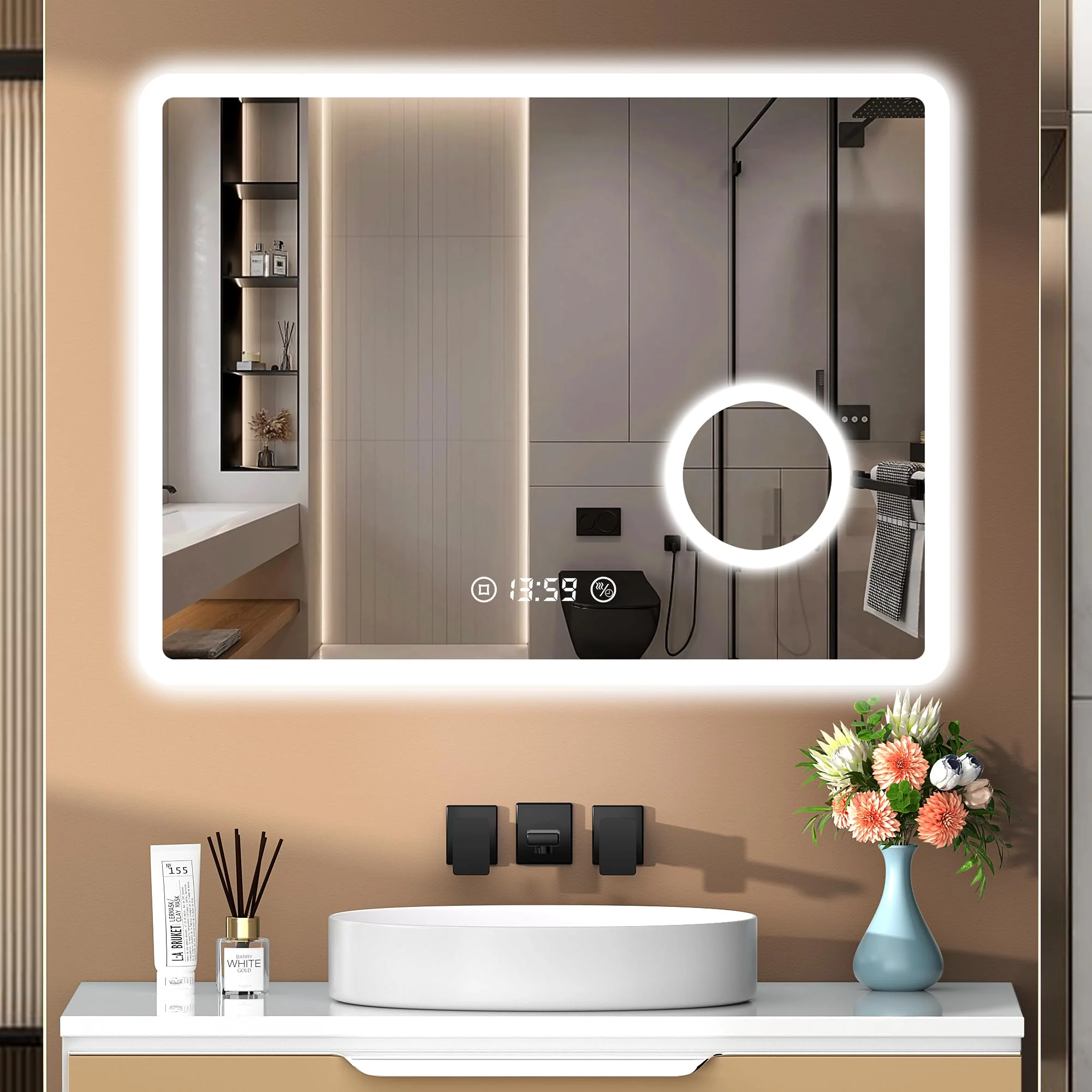PESENXAN Badezimmerspiegel mit Beleuchtung 80 x 60 cm, 3 Lichtfarben Einstellbar, Dimmbar, Antibeschlag, LED Spiegel mit Uhr und 3-facher Vergrößerung, IP44 wasserdicht