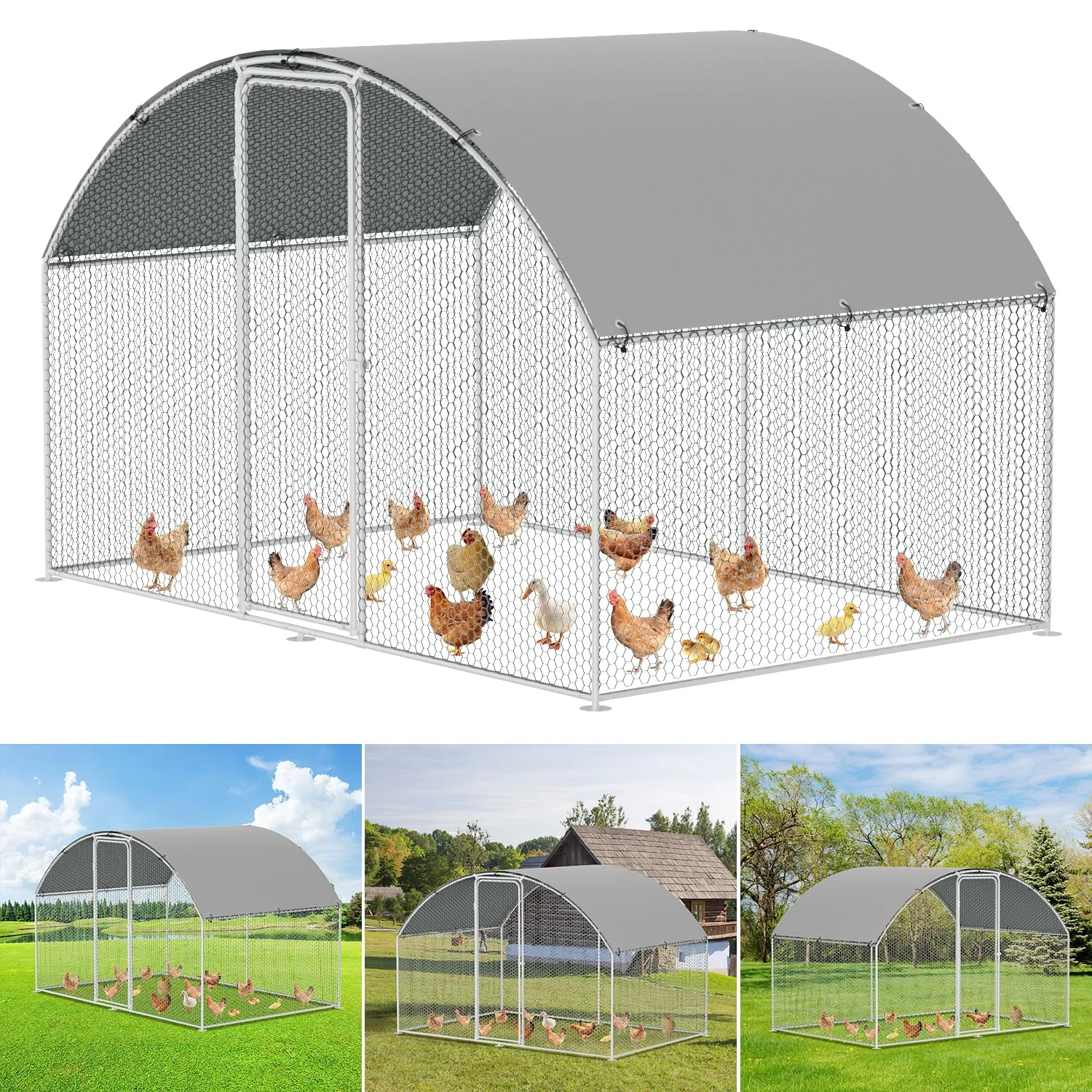 Joparri Hühnerstall Freilaufgehege Verzinktem Stahl, 3x2x2m Outdoor Hühnerhaus Dome Roof mit Schloss und Wasserdichtes PE Gewebe, für Hühnerkäfig Vogelkäfig Kleintiere
