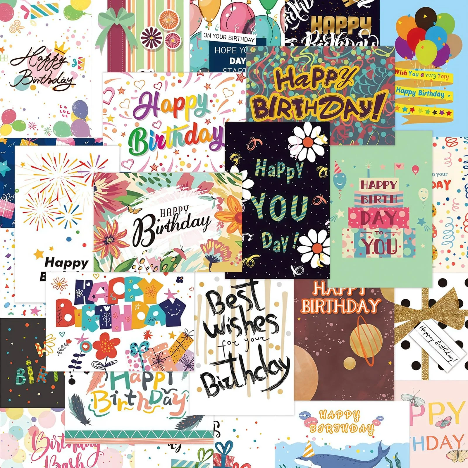 AMFUN 24 Holographic Glückwunschkarten im Sortiment, Glückwunschkarten zum Geburtstag mit 24 Umschlägen und 2 Siegelaufkleber, Happy Birthday Karten im Postkarten-Set, für Familie Freunde