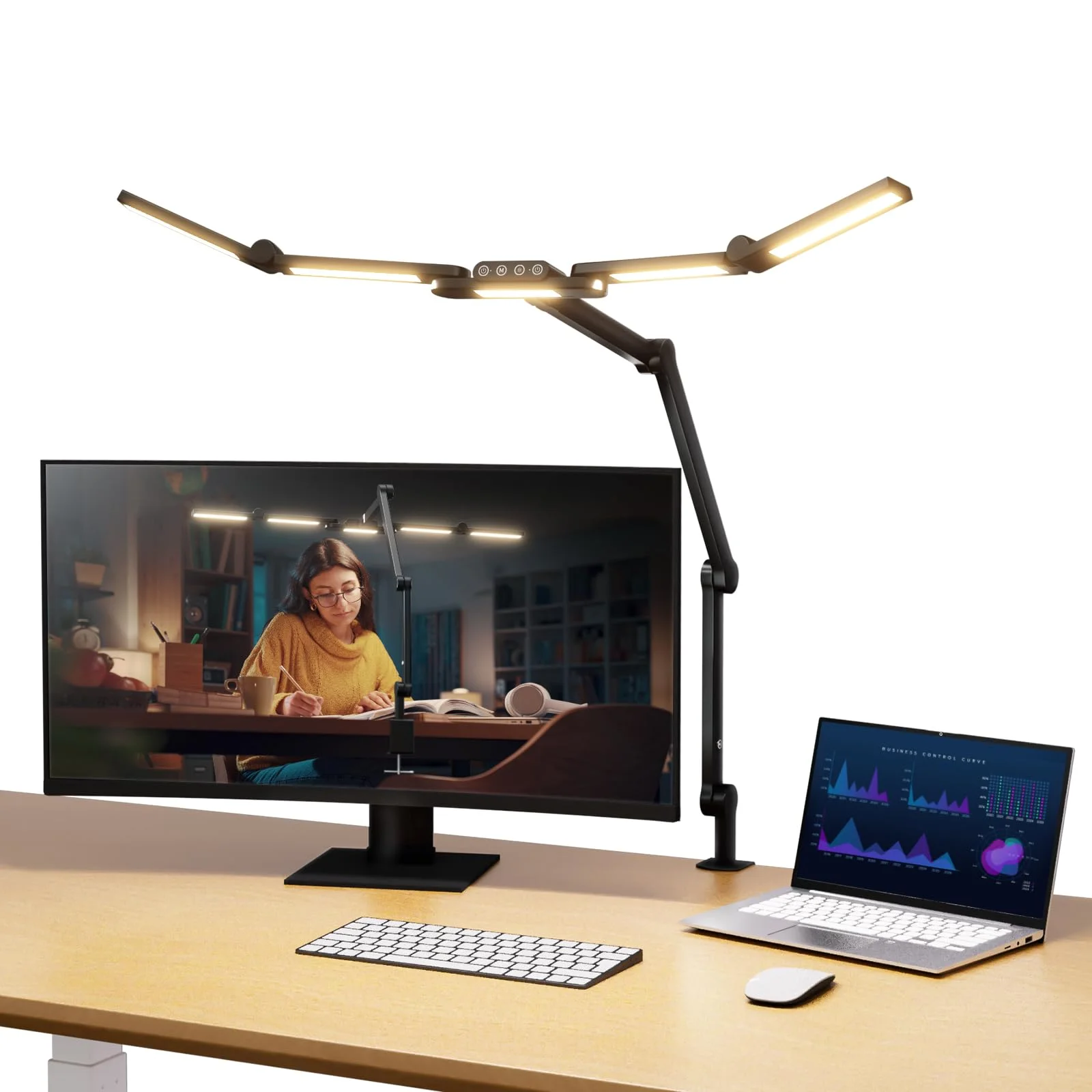 NEEWRE Basics 32,5" Clip On LED Tischleuchte zum Aufstecken für das Homeoffice, 23W dimmbare LED Architektenlampe mit Tischklemme, 5 Lichtleisten, Computer Zeichnungs und Videokonferenz, DL01