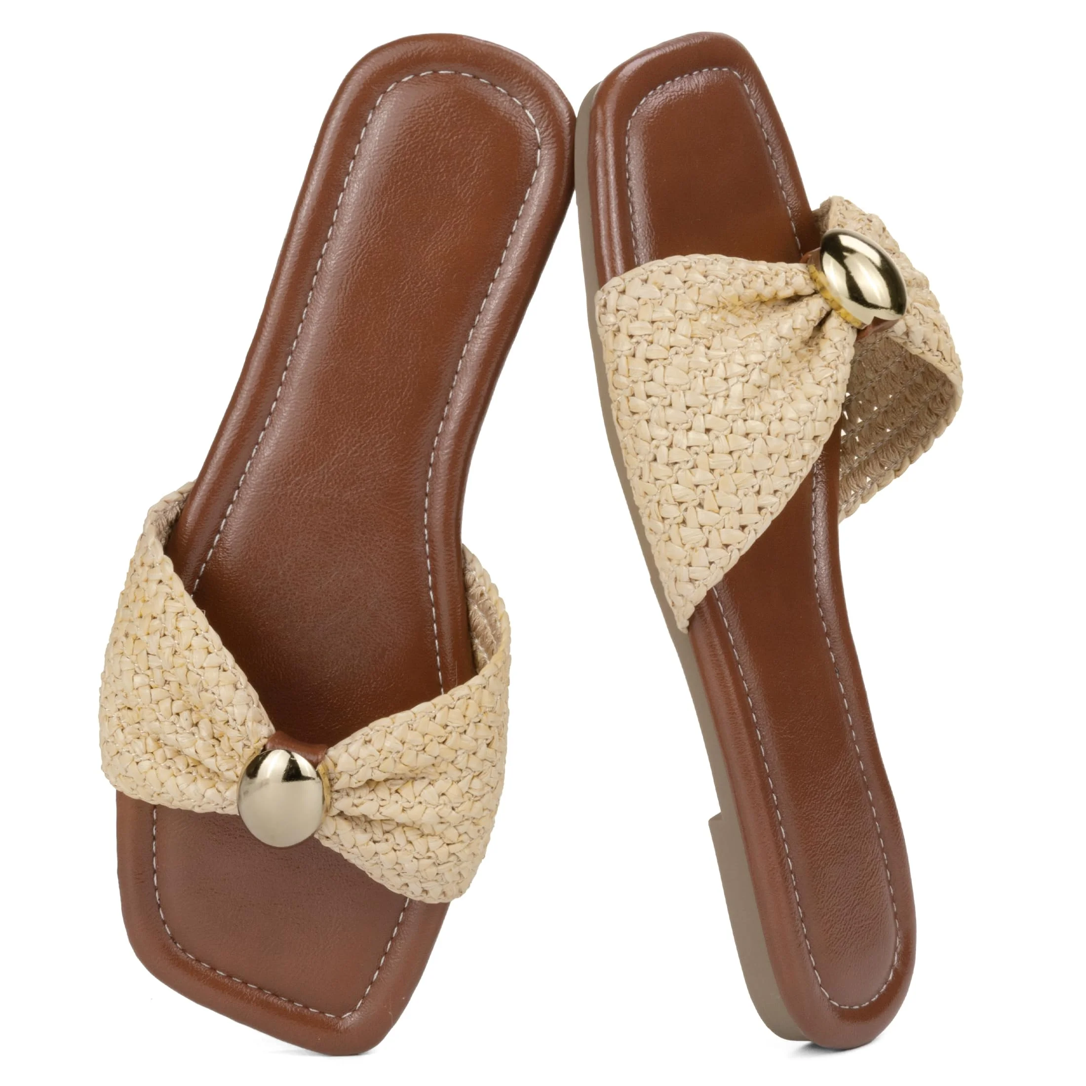 Mnking Damen Flache Sandalen Raffia Gewebt Knoten Slide Sandalen Quadratisch Offene Zehen Sommer Sandaletten für Alltag Urlaub Strand