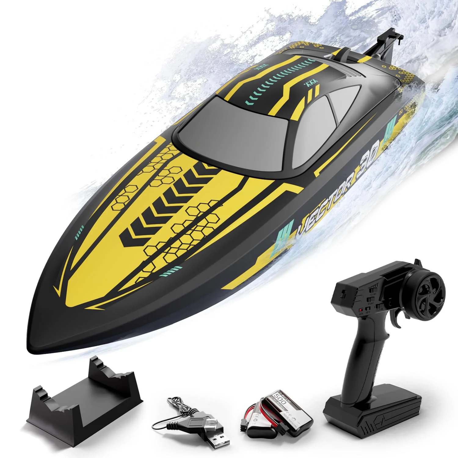 volantexrc Ferngesteuertes Boot, RC Boot 30 KM/H, 2,4-GHz Rennboote, 2 Batterien für Langer Spielzeit, Pools und Seen Spielzeug Geschenk für Kinder ab 14 Jahre (Gelb)