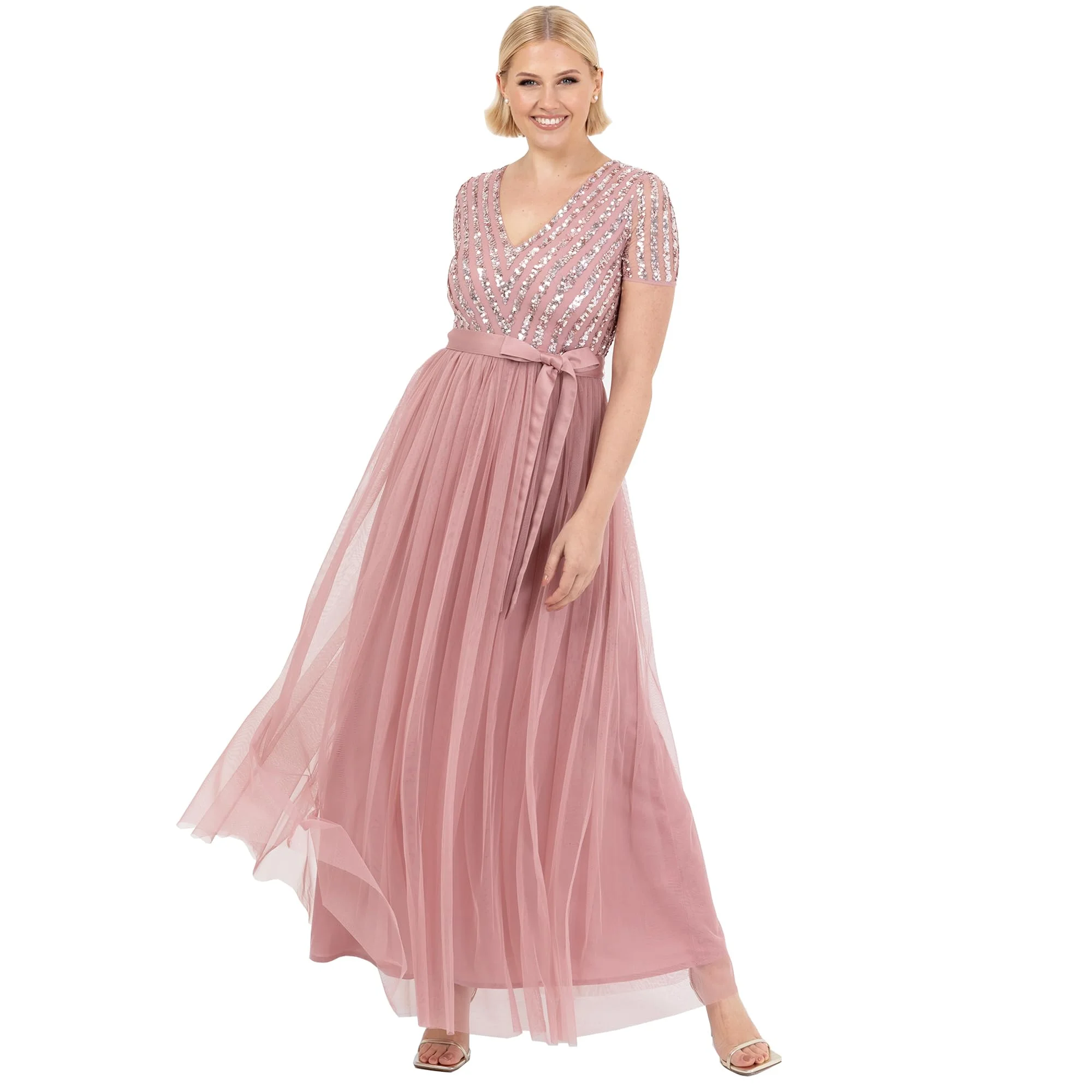 Maya Deluxe Damen Maya Deluxe Maxi Dress for Women Ladies Bridesmaid V-Neck Ball Gown Short Sleeves Long Elegant Empire Waist Wedding Brautjungfernkleid (1er Pack)