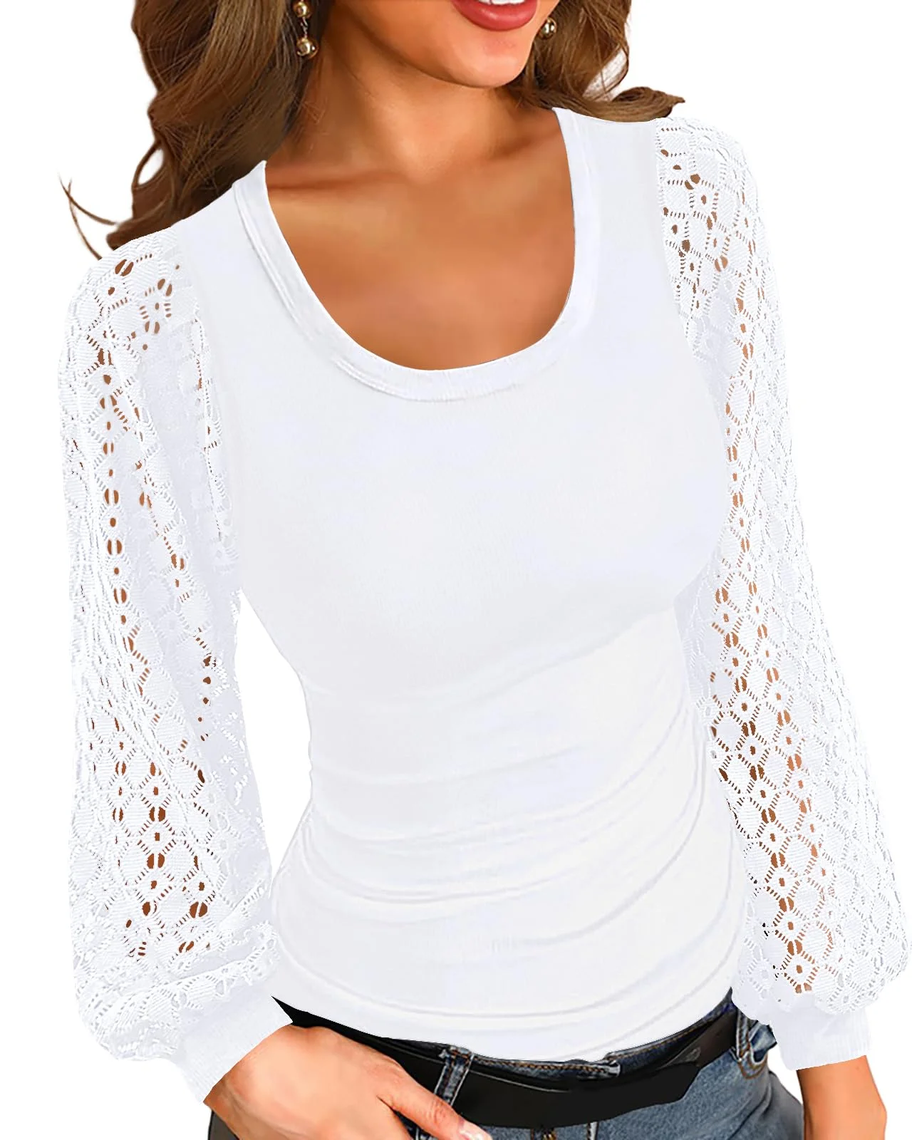 Basicspace Damen solide Farbe Spitze Langarm-Shirt Rundhalsausschnitt einzigartiges Design T Shirt haben Herbst und Winter atmungsaktiv Stretch hautfreundliche Tops