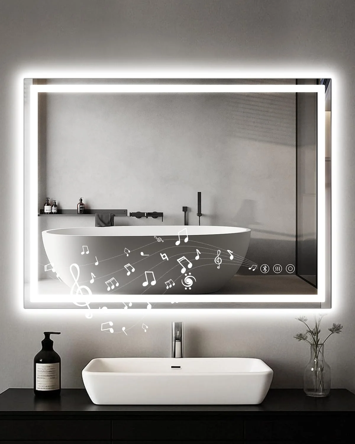 Habison Badspiegel mit Beleuchtung 60 x 80 cm, LED Badspiegel mit Bluetooth, Anti-Fog, Touch-Schalter, Memory-Funktion, 3 Licht Dimmbar, Memory-Funktion, IP44 Badezimmerspiegel für Bad, WC, Flur