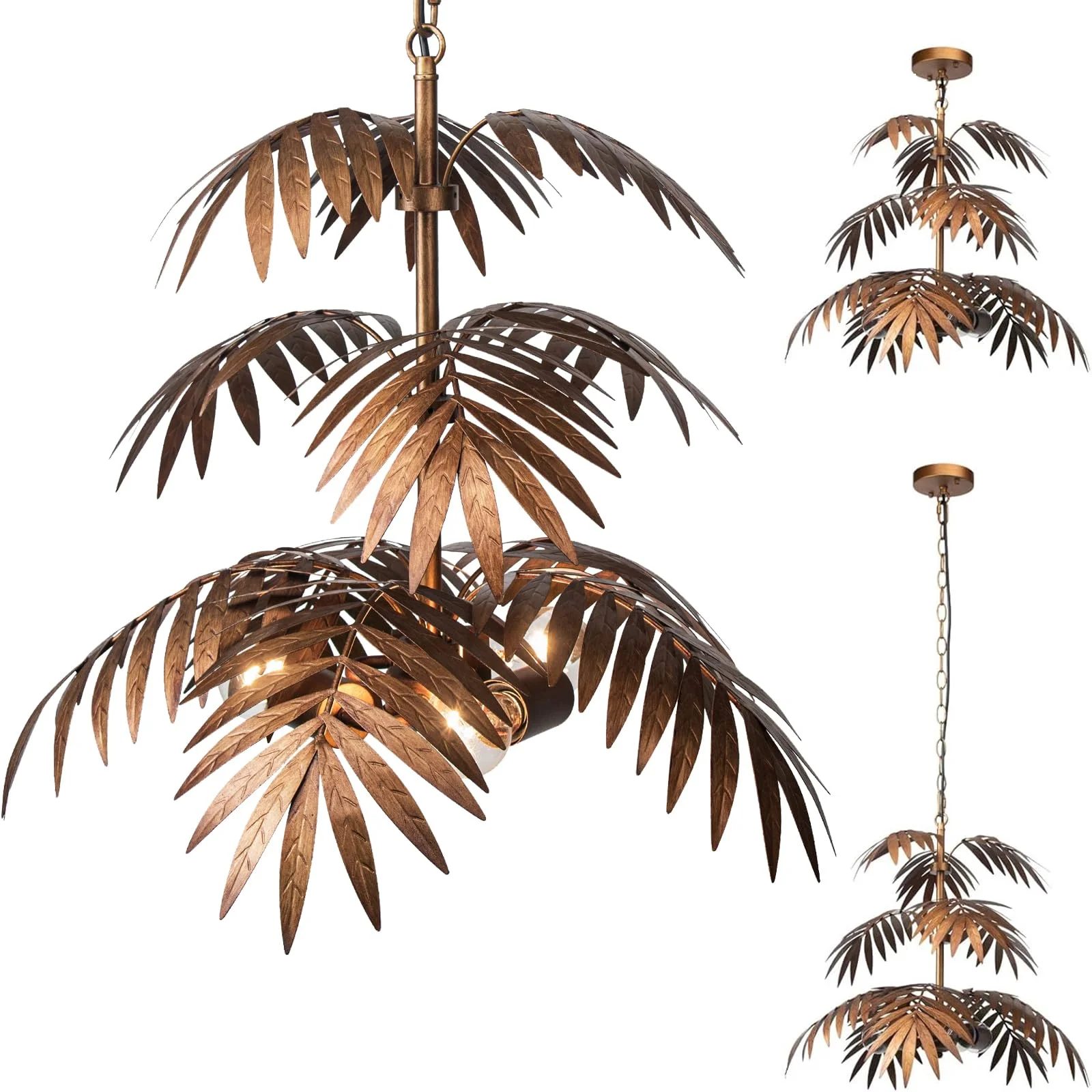 JCPYIUL Retro Verstellbarer Tropischen Kokosnuss Blatt Kronleuchter,Rustikaler Blatt-Kronleuchter, Palm-Kokosnuss-Baum Kreative Kunst Lichter, Pendelleuchten für Schlafzimmer, Flure, Bars und Küchen
