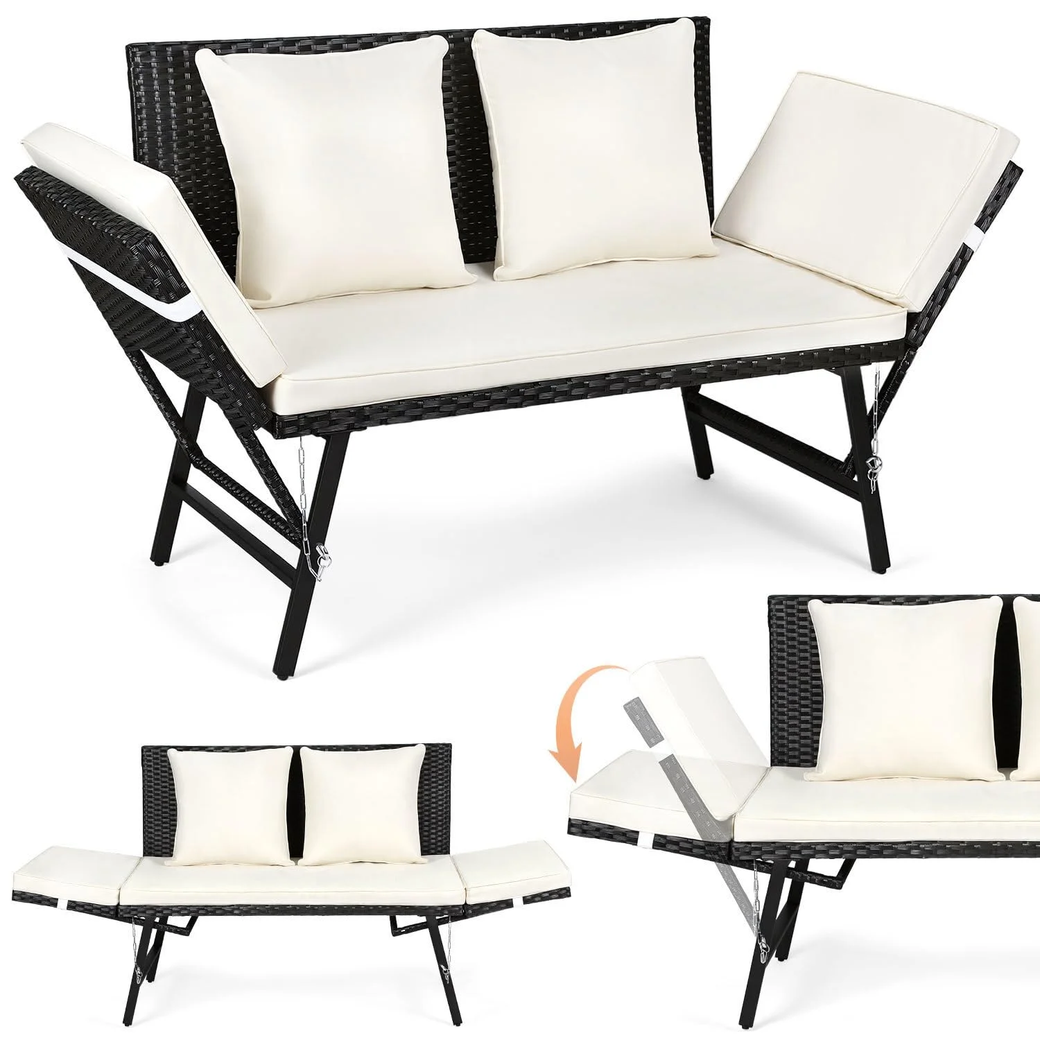 Gartenbank Polyrattan mit Liegefunktion, 2-Sitzer Gartensofa mit Verstellbare Armlehnen, Outdoor Sofa Wetterfest mit Sitzpolstern & Kissenfür, 3 in 1 Balkon Sofa für Garten,Balkon & Terrasse, Beige