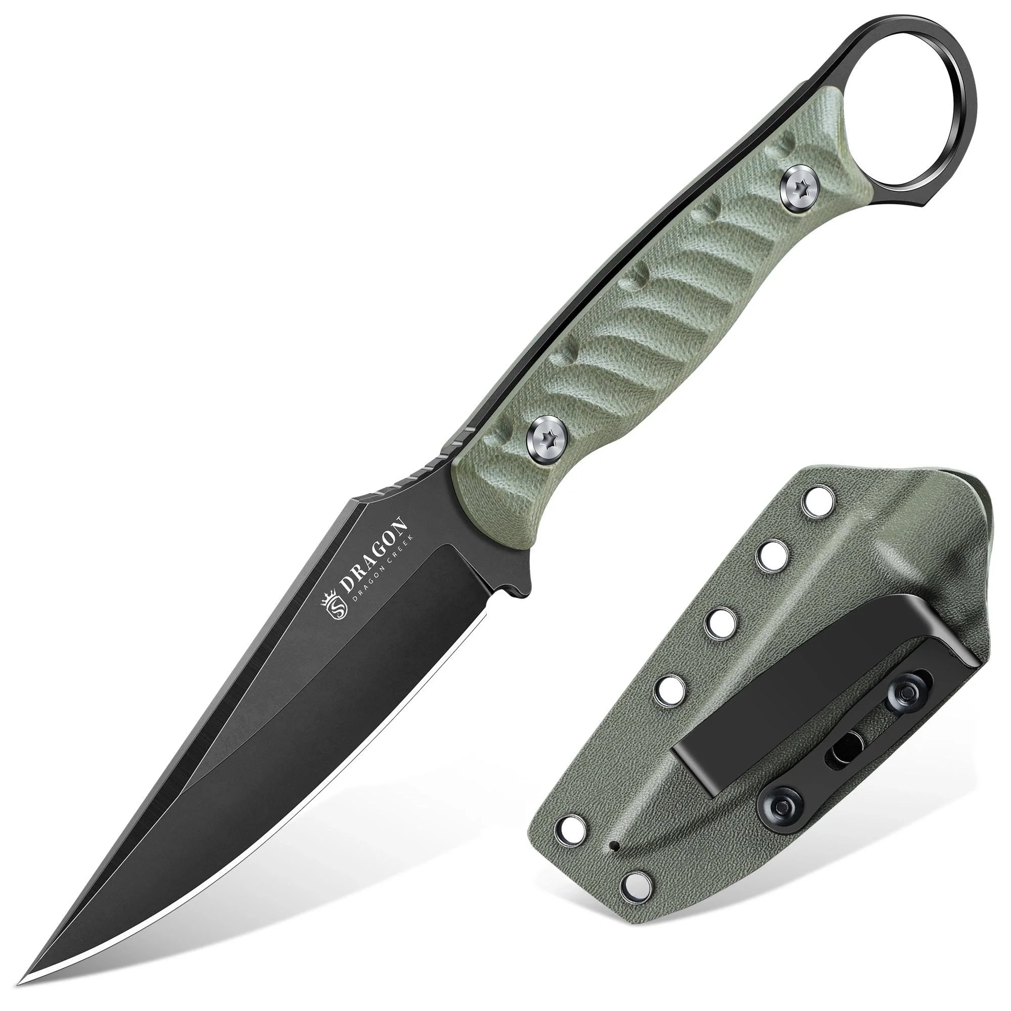 Dragon Creek Feststehendes EDC-Messer, ausgestattet mit Kydex-Scheide und Taschenclip Die einteilige Vollkonstruktion eignet sich für Outdoor, Camping, und Wandern (Grün)