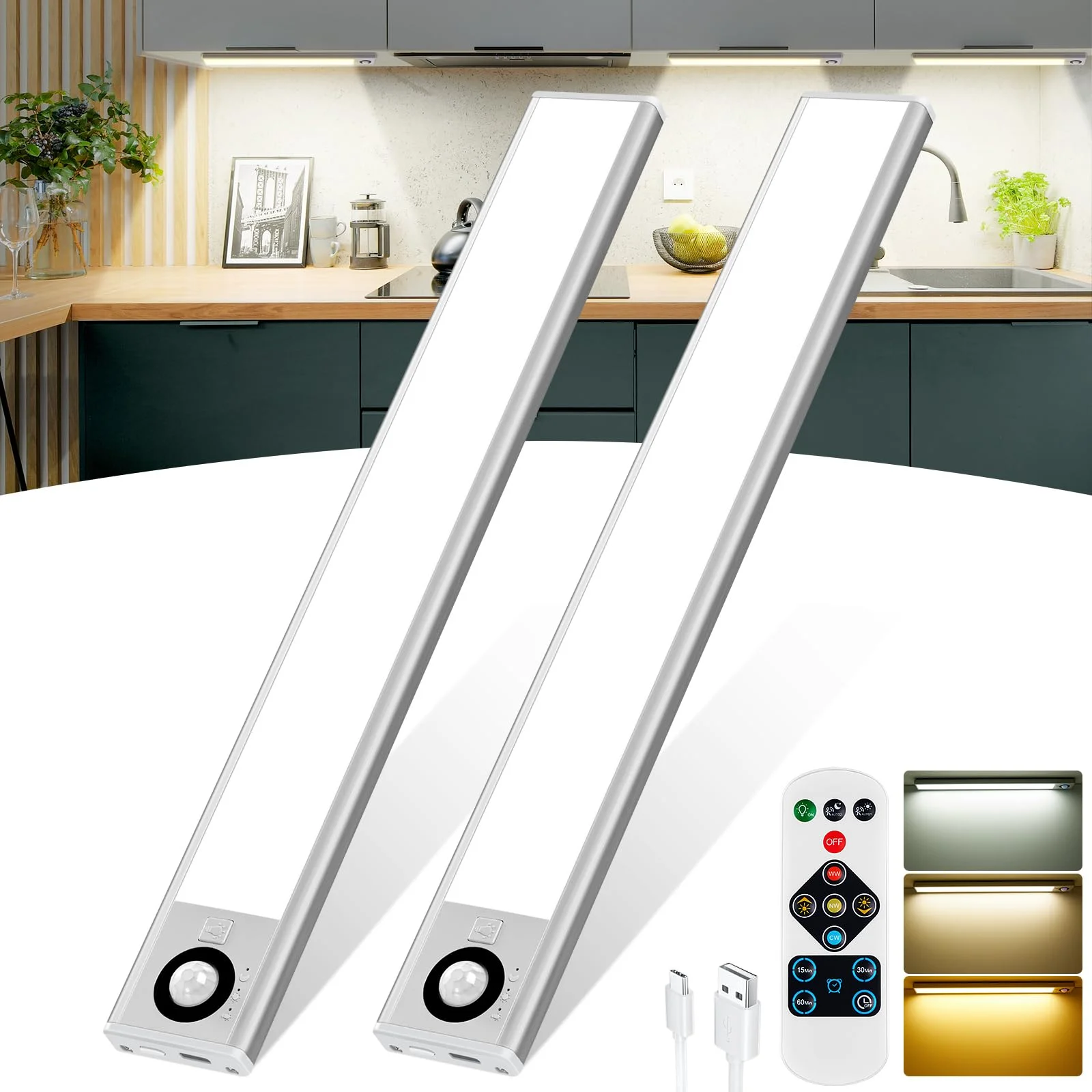 Unterbauleuchte Küche LED mit Fernsteuerung, 30CM Schrankbeleuchtung mit Bewegungsmelder, 72 LEDs 2200mAh USB-C Aufladbar, 3000K/4000K/6000K Dimmbar, 2 Stück LED Leiste für Kleiderschrank, Treppe