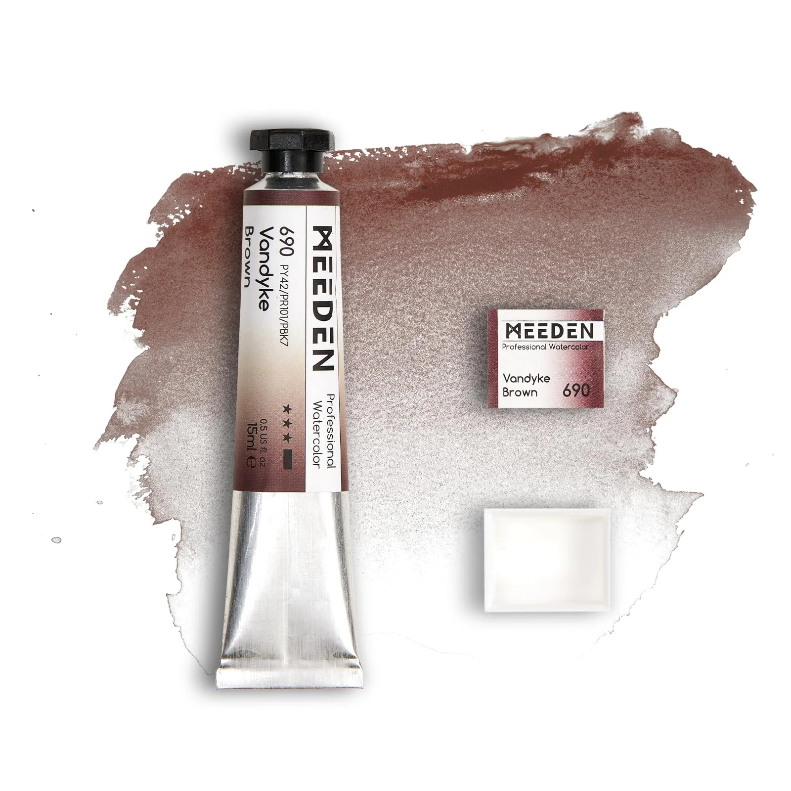 MEEDEN Künstler Aquarellfarbe Vandyck Braun: 15ml Tube, Halbfeuchte Farb-Napfhälfte und Leere Napfhälfte Set für Künstler und Profis