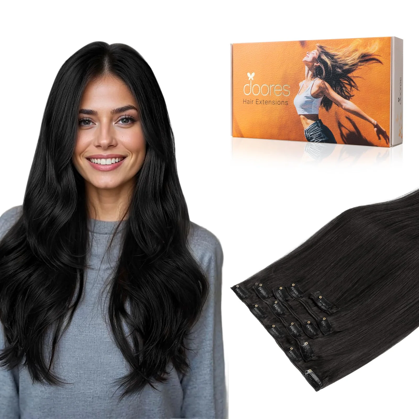DOORES Clip in Extensions Echthaar, Natürliches Schwarz 40cm 16 Inch 75g 5pcs, Natural Clip in Human Hair Extensions