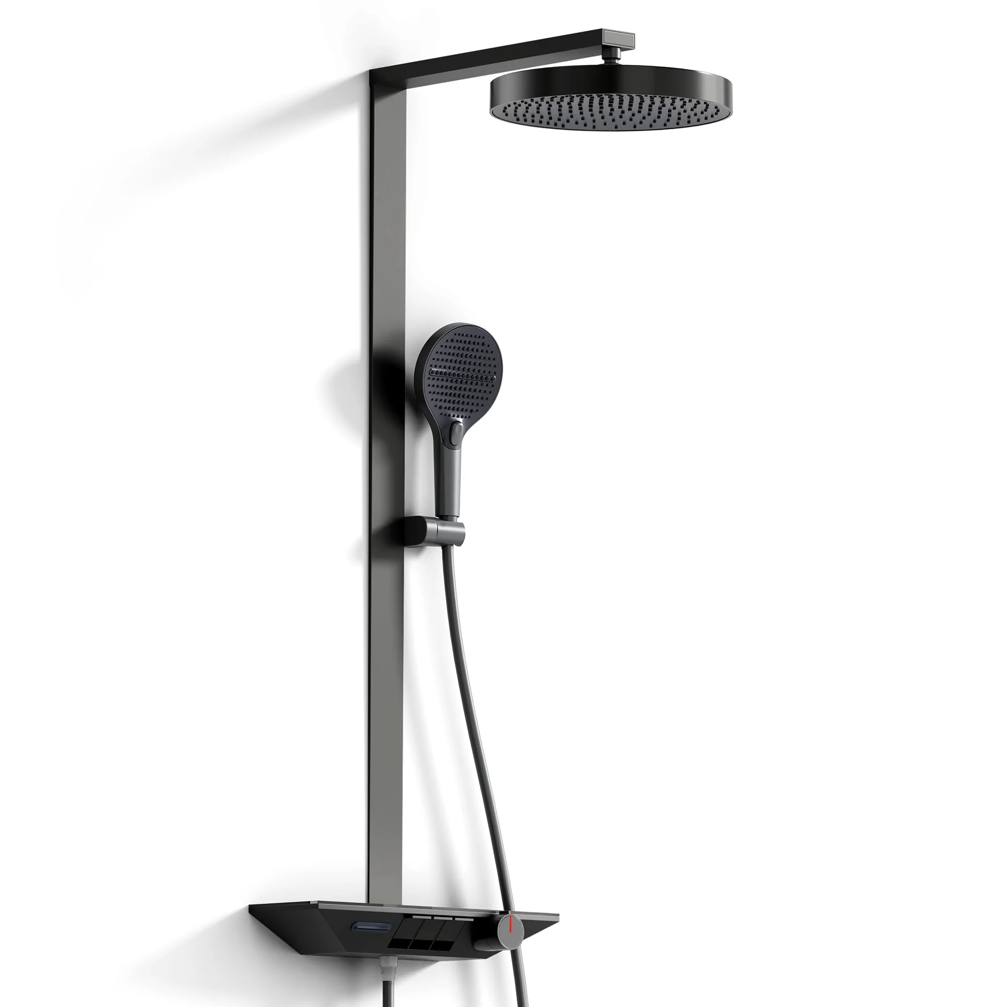 Alphabath Duschsystem mit Thermostat, Duscharmatur Komplettset mit 30 cm Regendusche Duschkopf, Handbrause mit 3 Strahlarten, Höhenverstellbar Duschset mit Glasablage, Grau