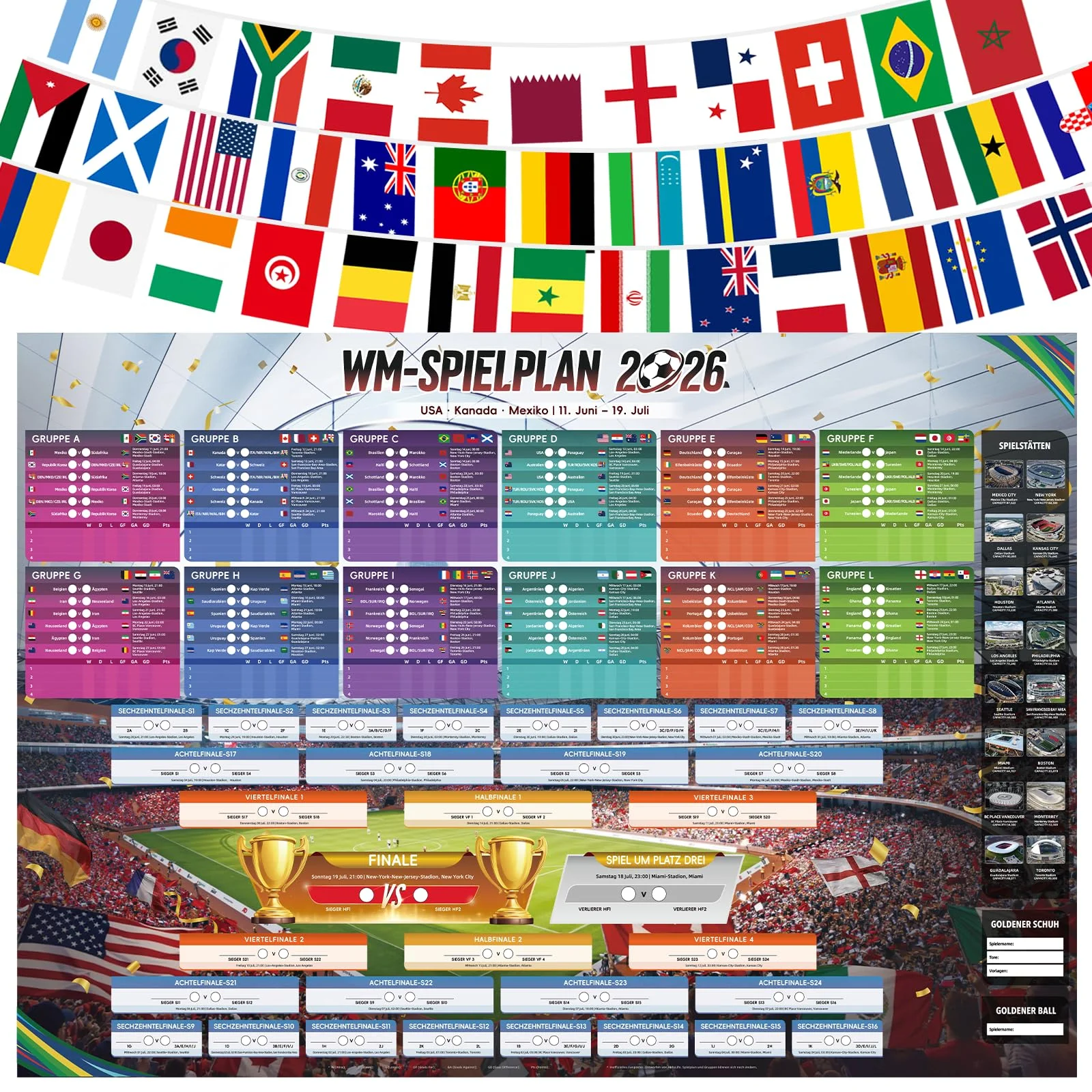 AhfuLife 48 Länder Fahnen Wimpelkette und Fussball Spielplan Poster, 14x21cm Doppelseitig Länderflagge und 100 x 70cm Groß WM Fussball Planer für Deko Fußball Party Restaurant Bar (Deutsch, CEST)