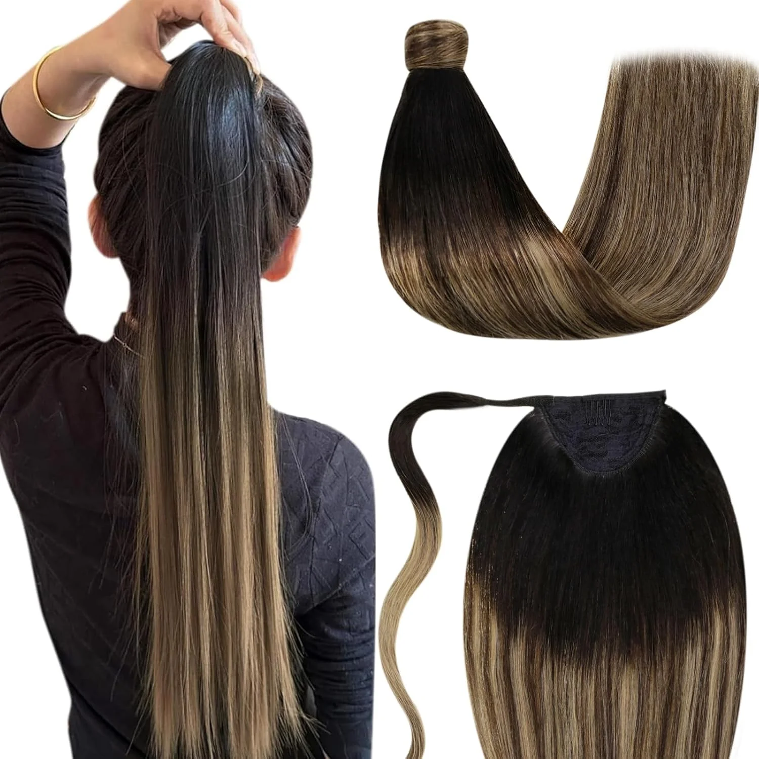 LaaVoo Pferdeschwanz-Extensions, Echthaar, Balayage Erdbeere, Blond, Extensions, Echthaar, Pferdeschwanz, schwarz, dunkelbraun, Erdbeerblond, 35 cm, 70 g, glatt, #1b/4/27